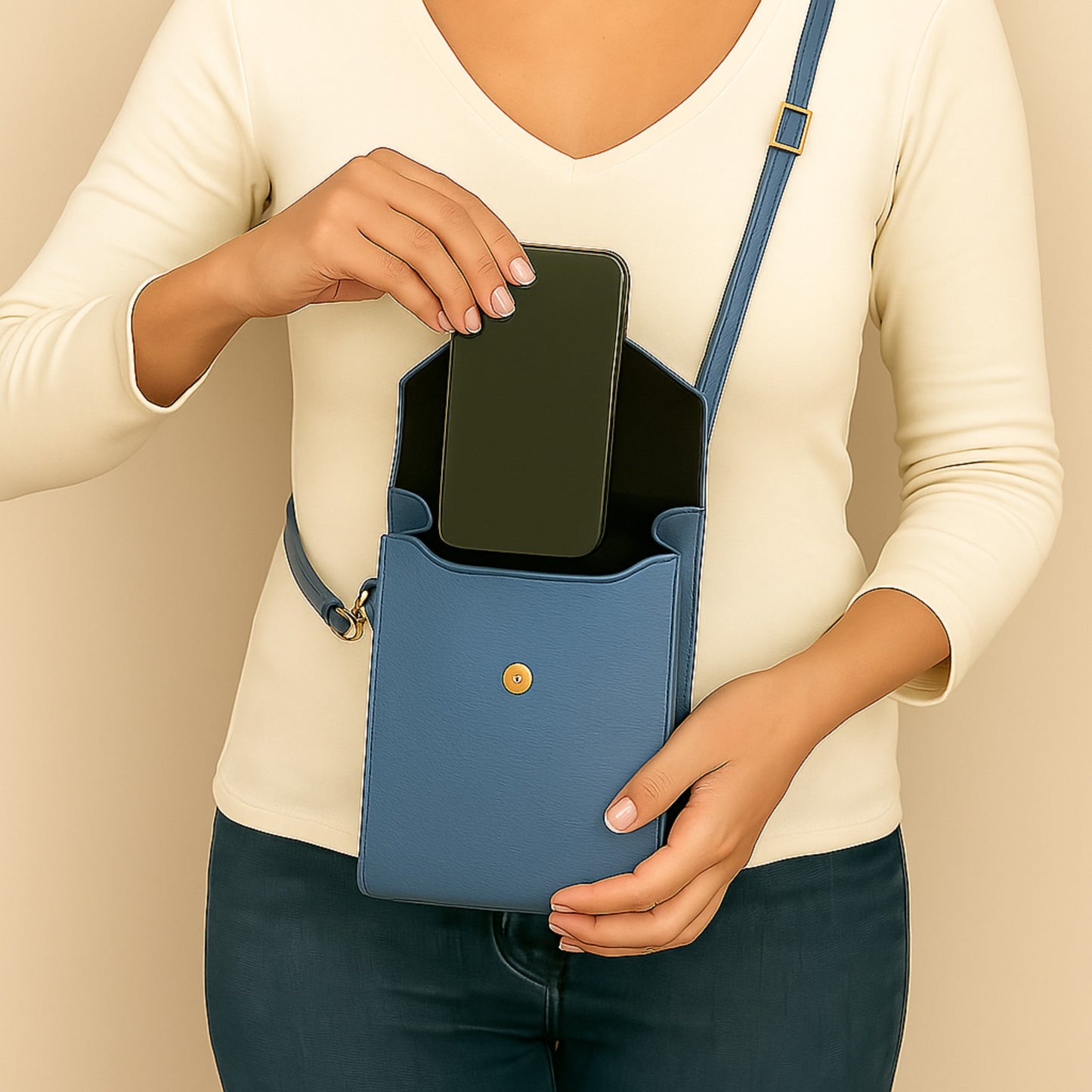 Close-up view of denim blue real leather crossbody bag with phone being placed inside.