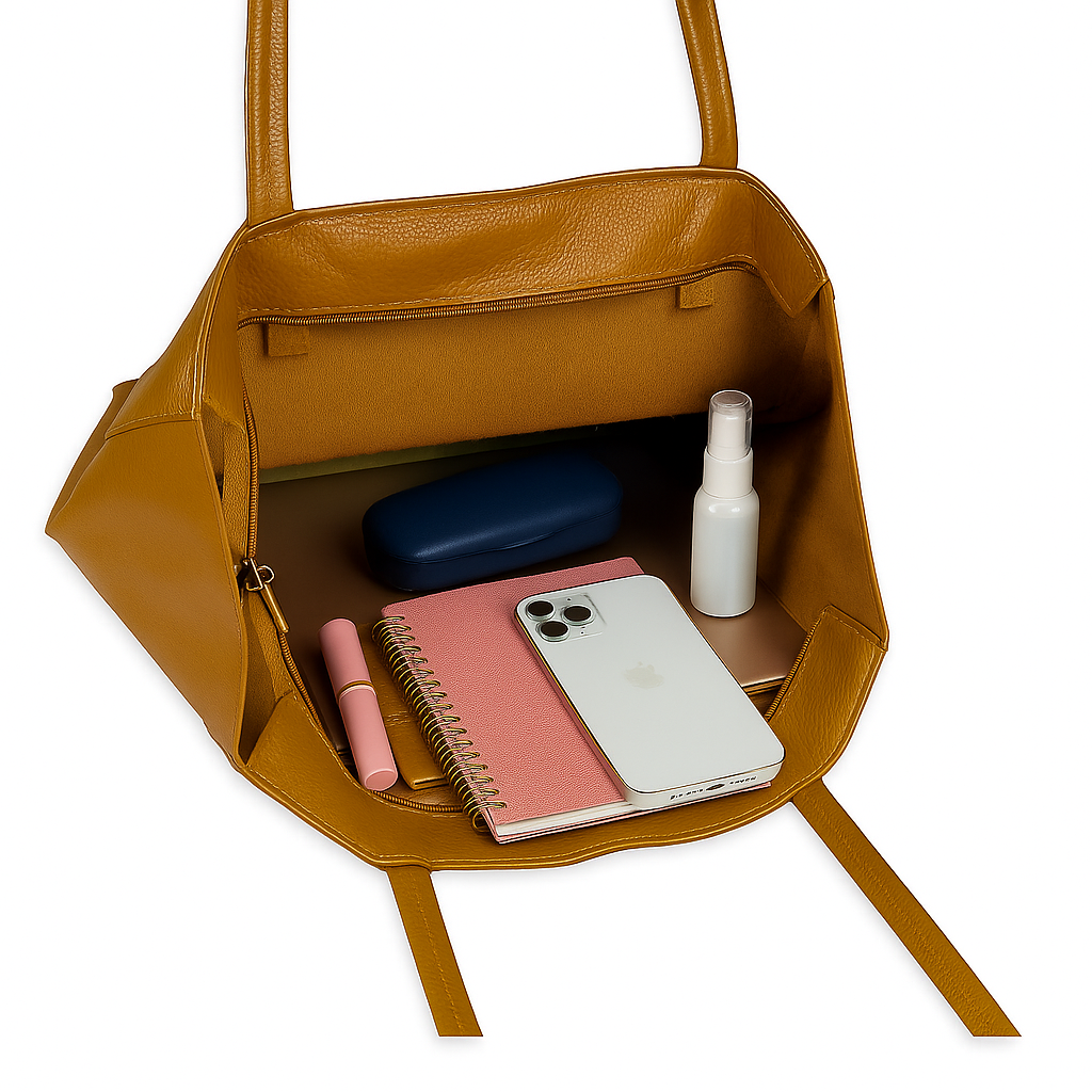 Dark-tan real leather tote bag interior with notebook, phone, and daily essentials neatly arranged.