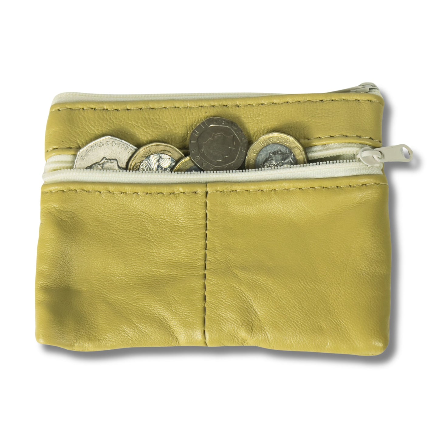 Back view of a beige leather multi-zip coin purse with coins visible in the zipper pocket