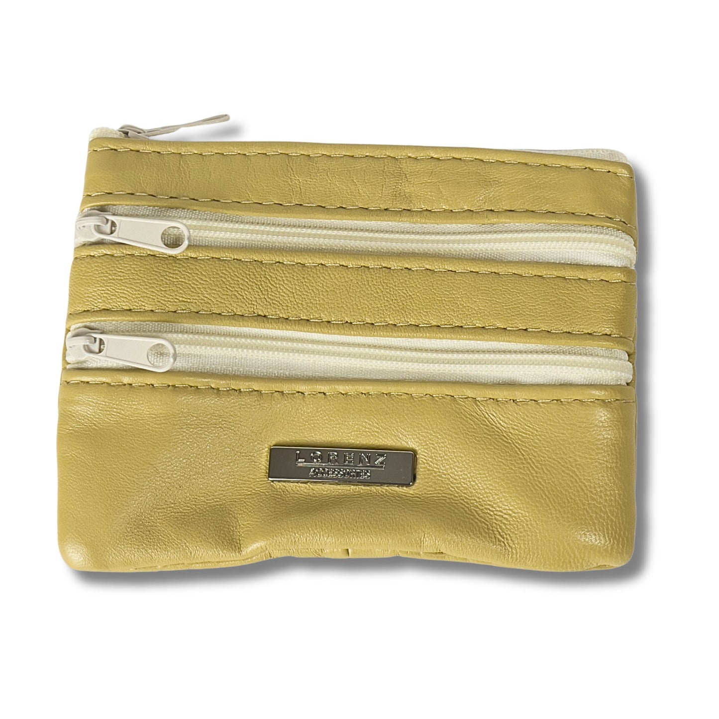 Front view of a beige leather coin purse with multiple zippers and a stylish metal tag