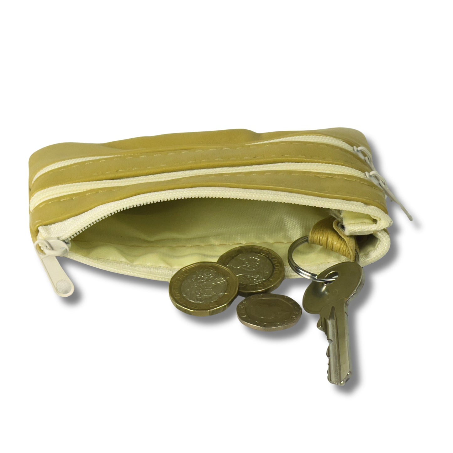 Interior view of a beige leather coin purse showing a keyring and spacious compartment