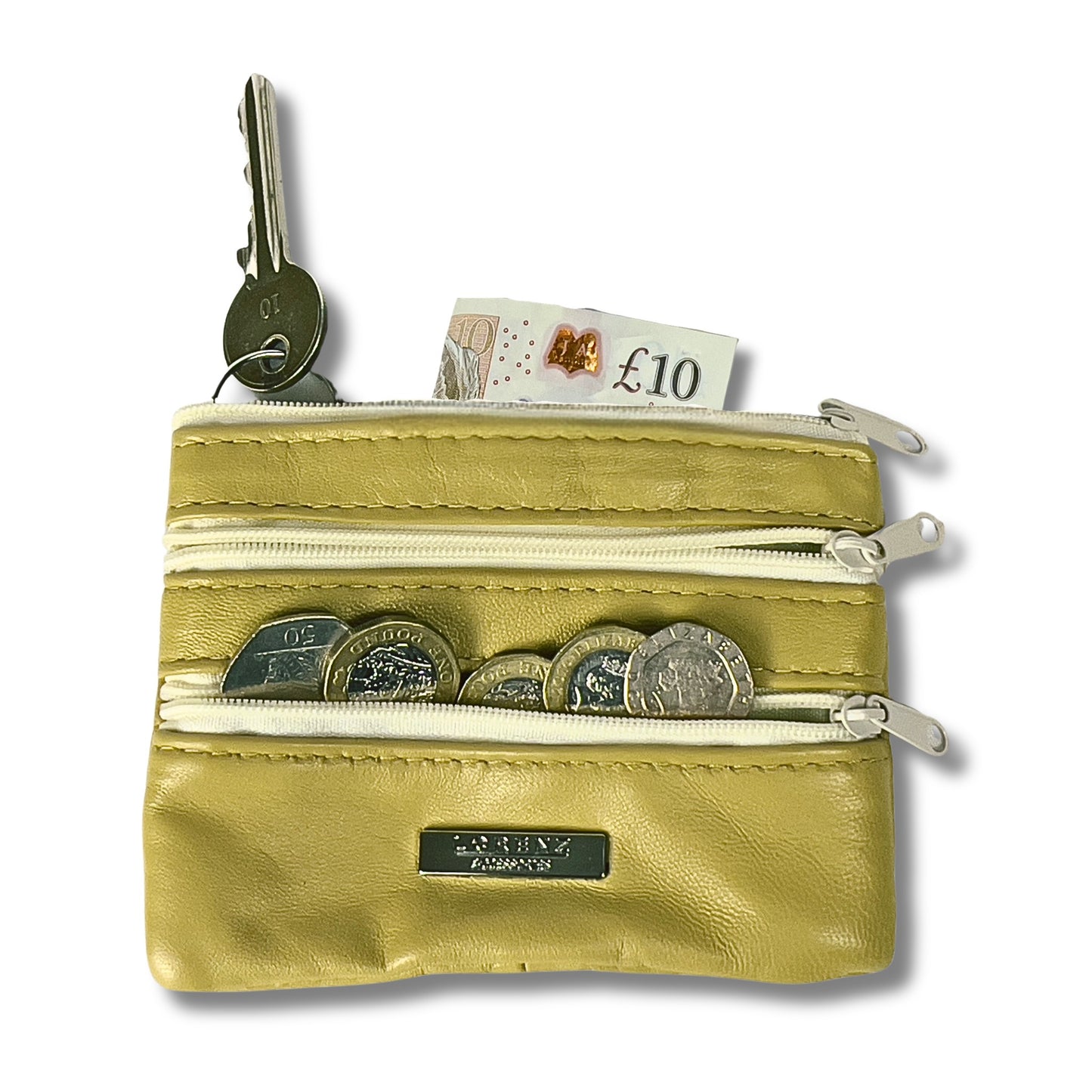 Open beige leather coin purse with multiple zippered compartments, coins, and a keyring inside