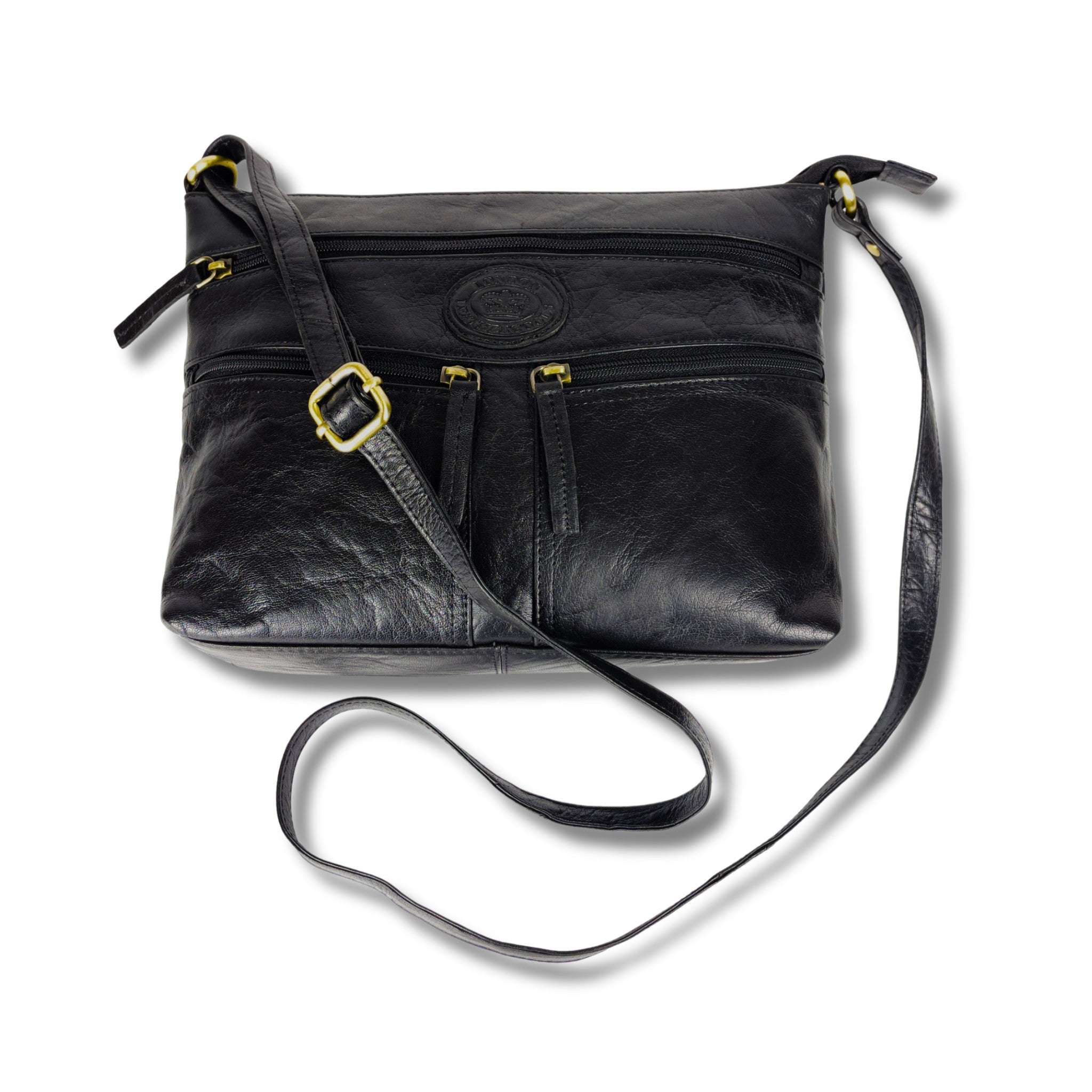 Black leather crossbody bag with gold-tone hardware and zippers and an adjustable strap.