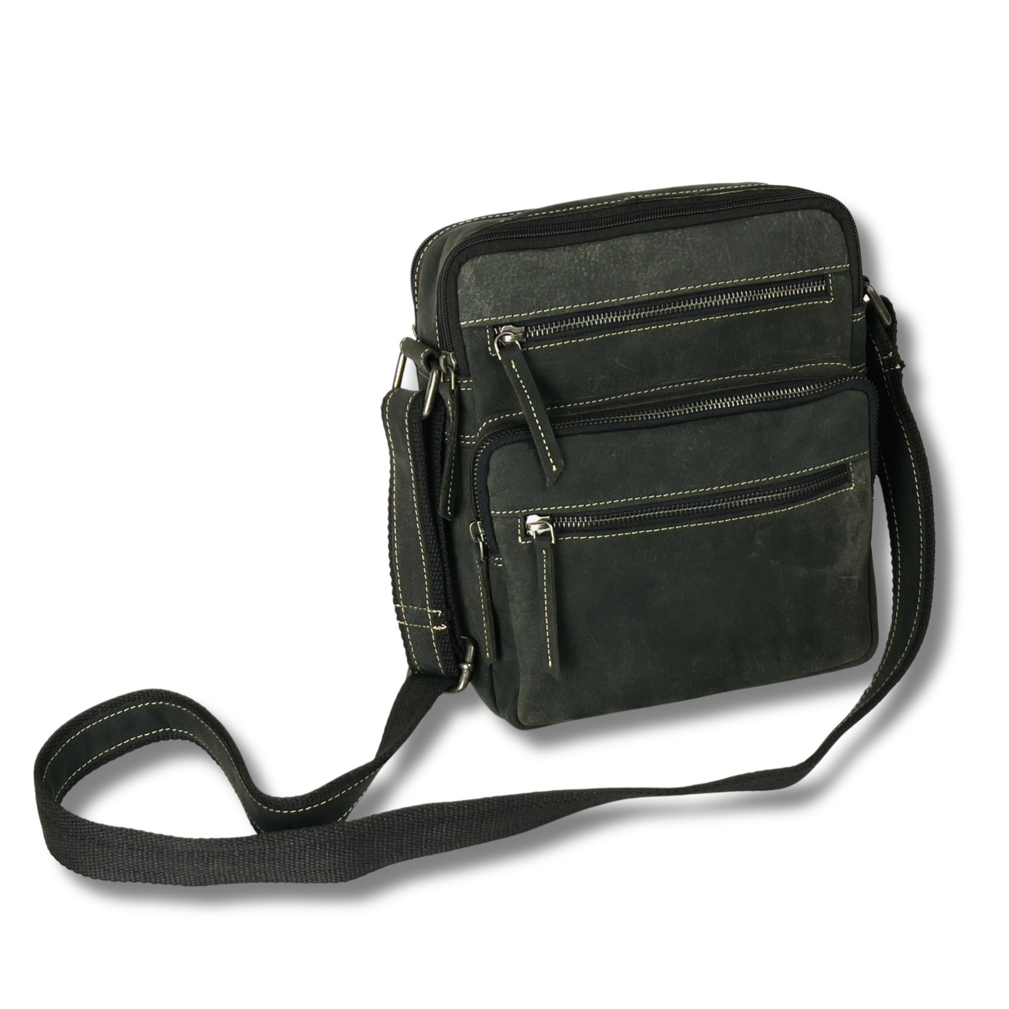 Black leather Unisex crossbody bag with contrast stitching and multiple zip pockets.