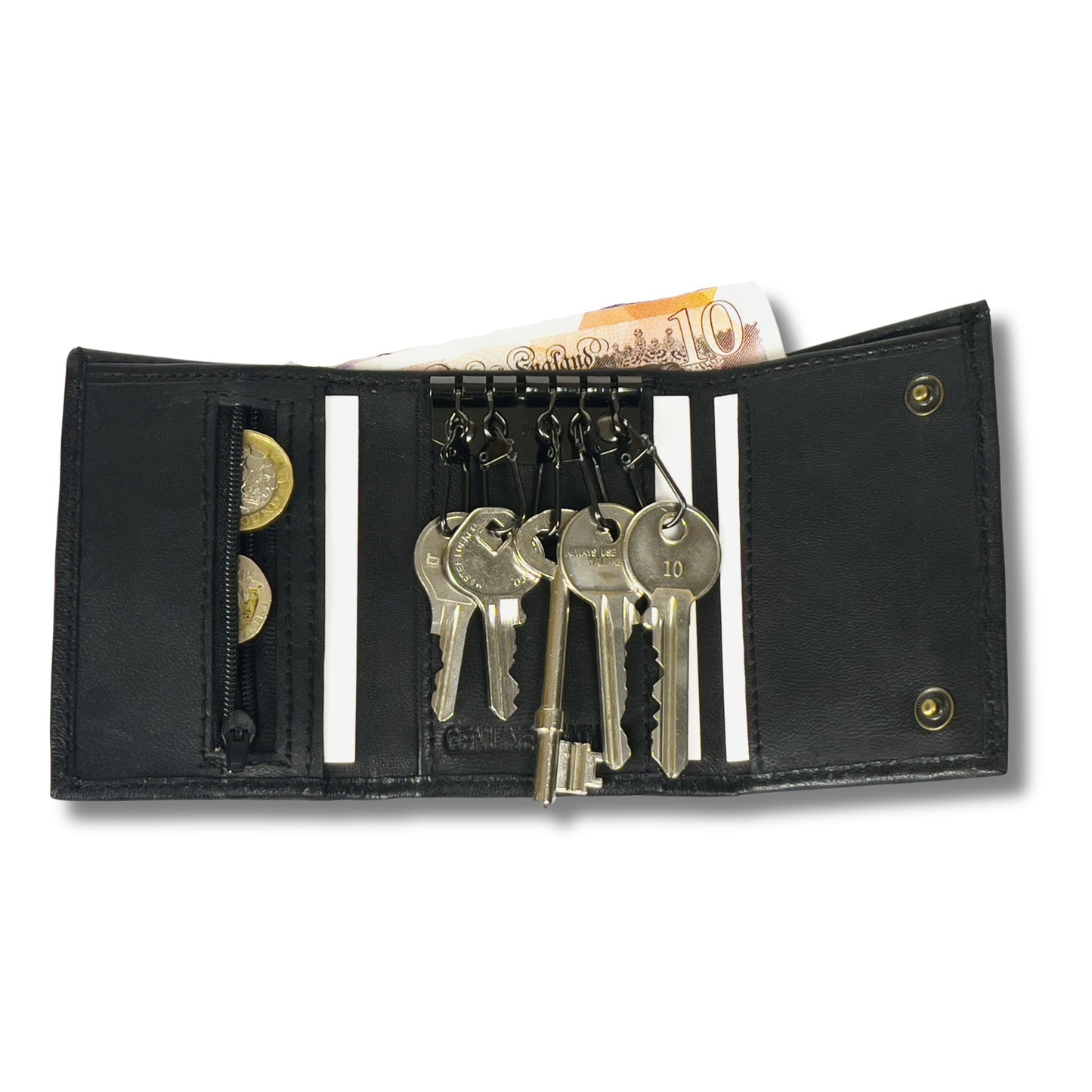 Open black leather wallet displaying key hooks, coin pocket, and card slots with keys attached