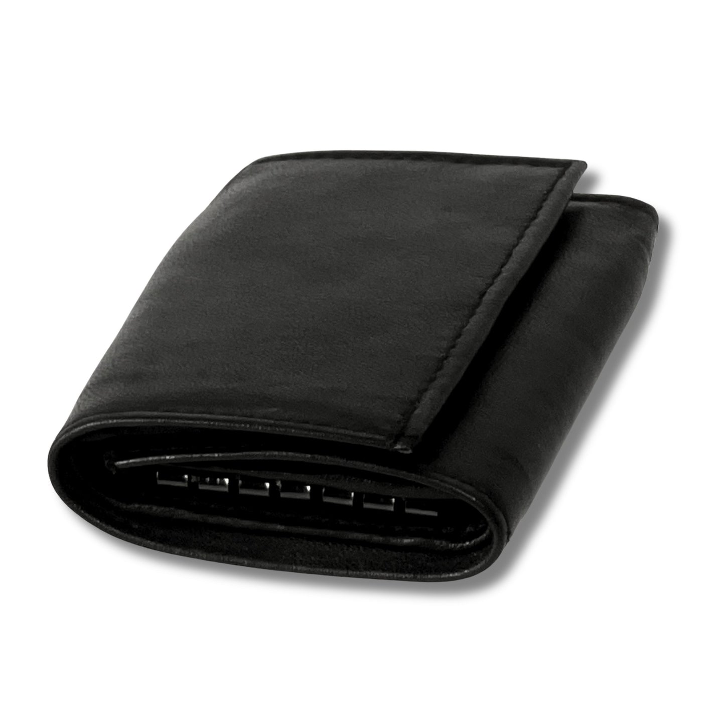 Side angle of a closed black leather wallet showing its compact and sleek design
