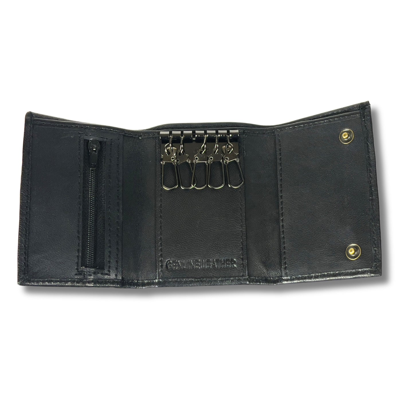 Black leather wallet open to reveal its key hooks and Organised layout
