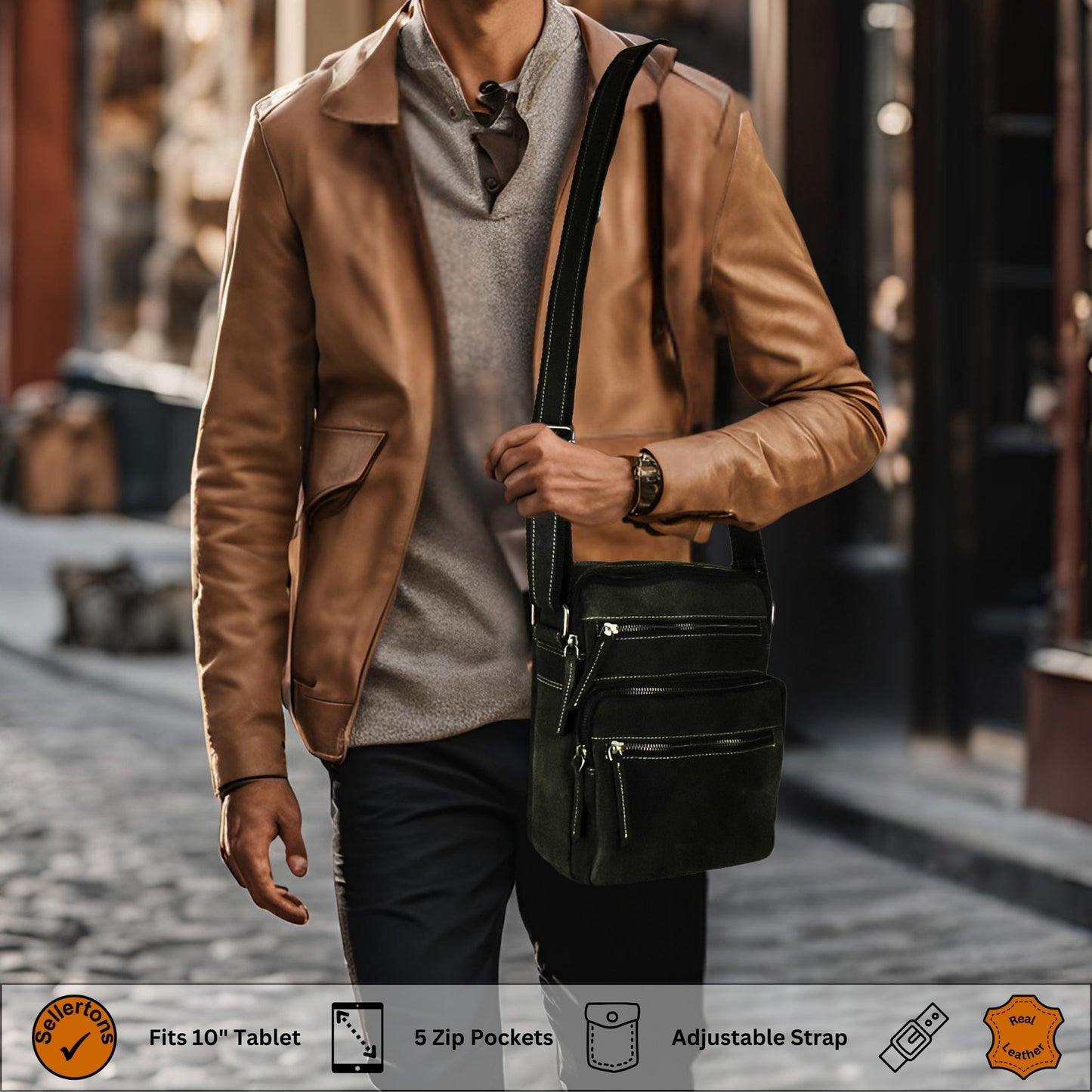 Unisex black and grey hunter leather crossbody bag styled for street fashion