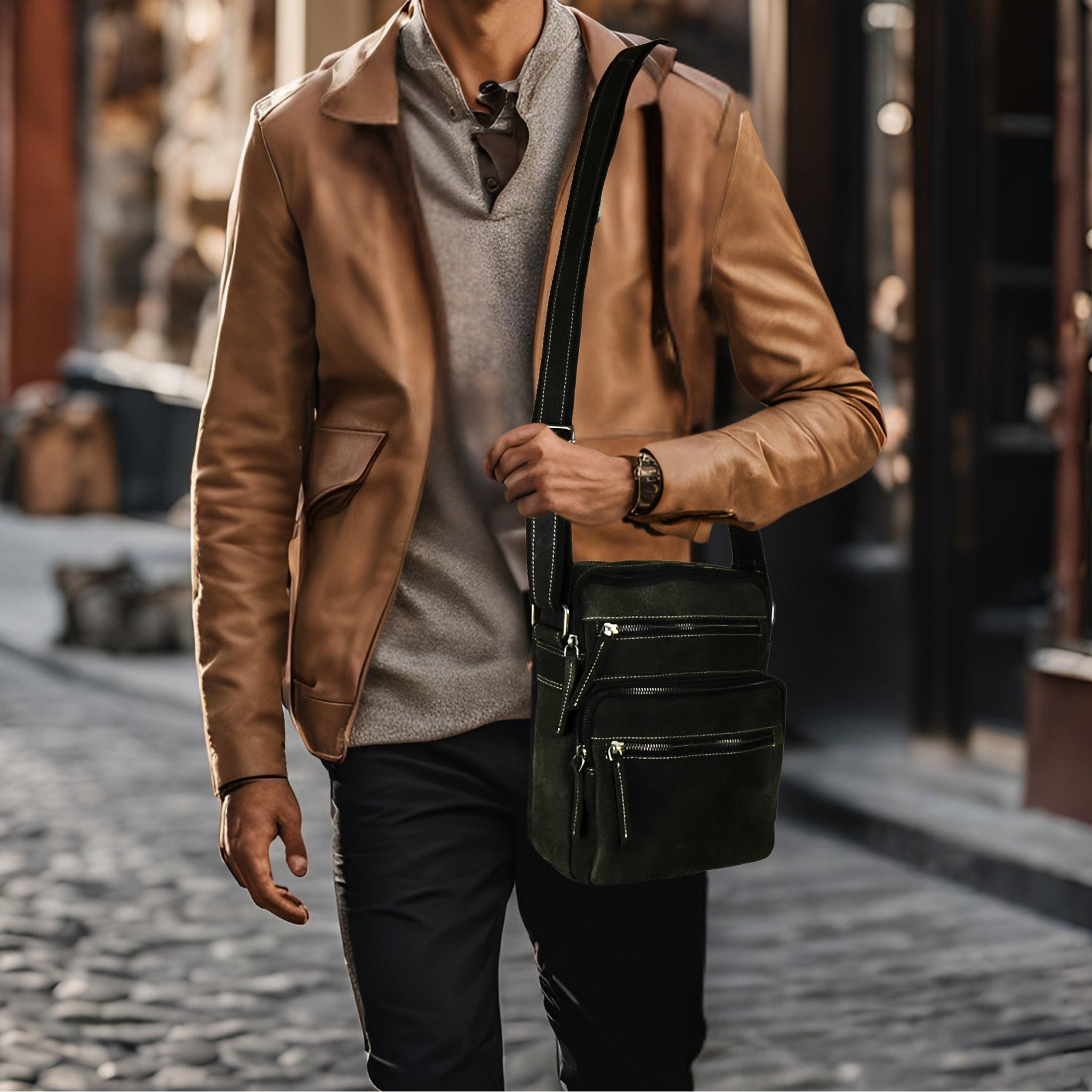 Unisex black and grey hunter leather crossbody bag styled for street fashion