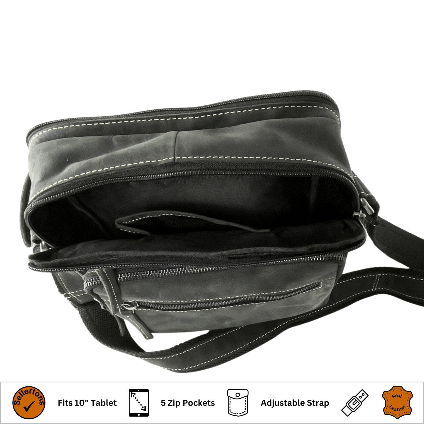 Close-up view of the black and grey hunter leather crossbody bag's interior