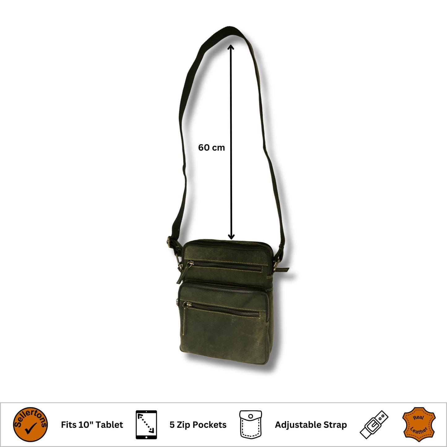 Black hunter leather crossbody bag with 60cm adjustable strap, five zip compartments, and real leather finish. Ideal for 10" tablets and everyday use.