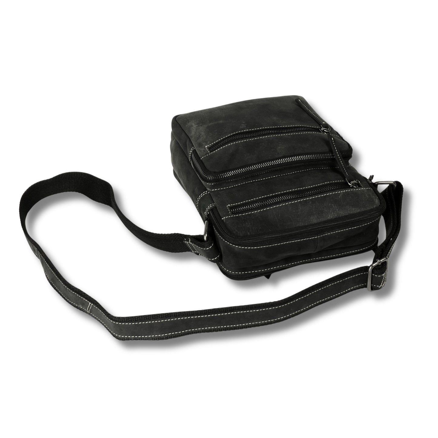 Top view of the hunter leather crossbody bag with secure zip compartments