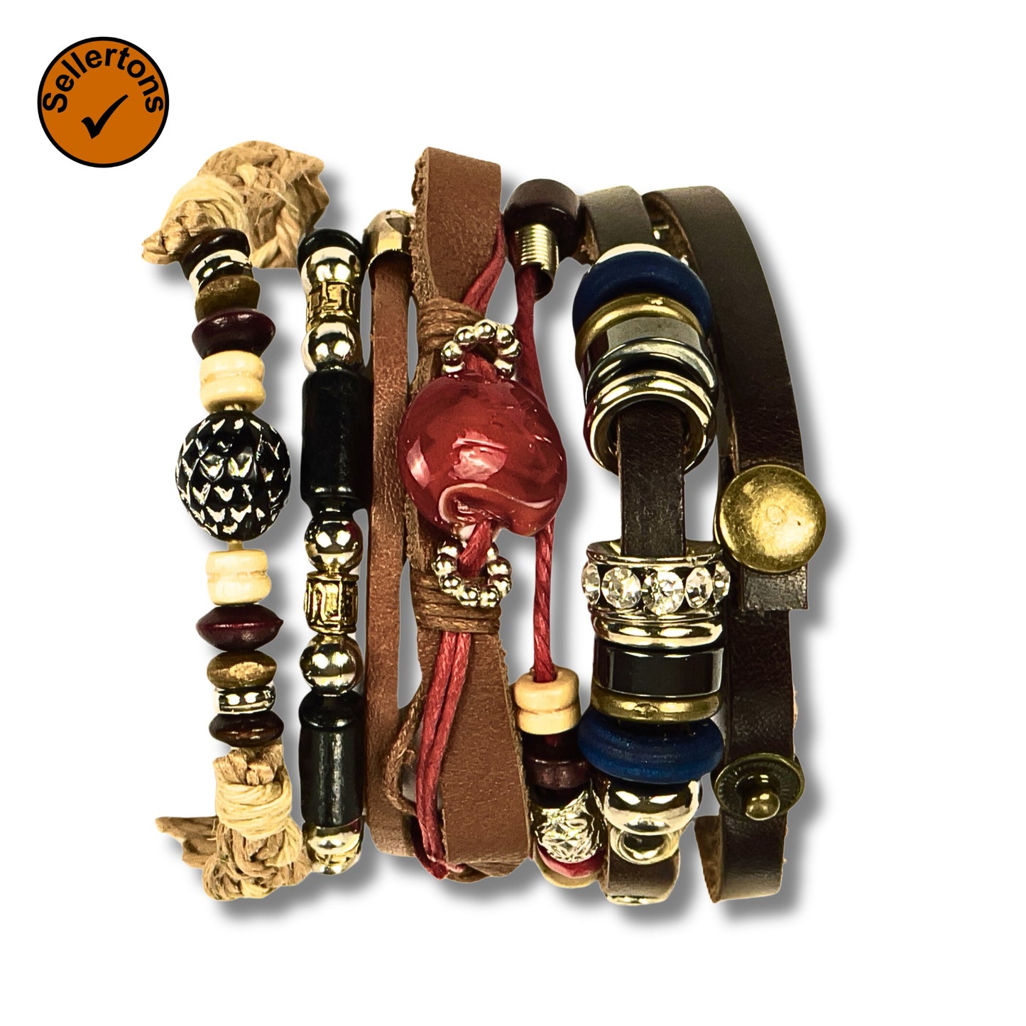 Close-up view of a multilayer leather bracelet with beads and charm pendant