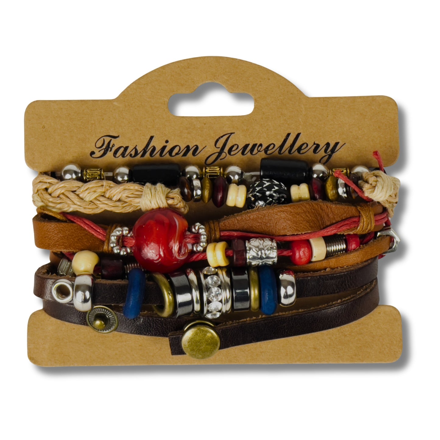 Packaged multilayer leather bracelet set with beads and charm pendant