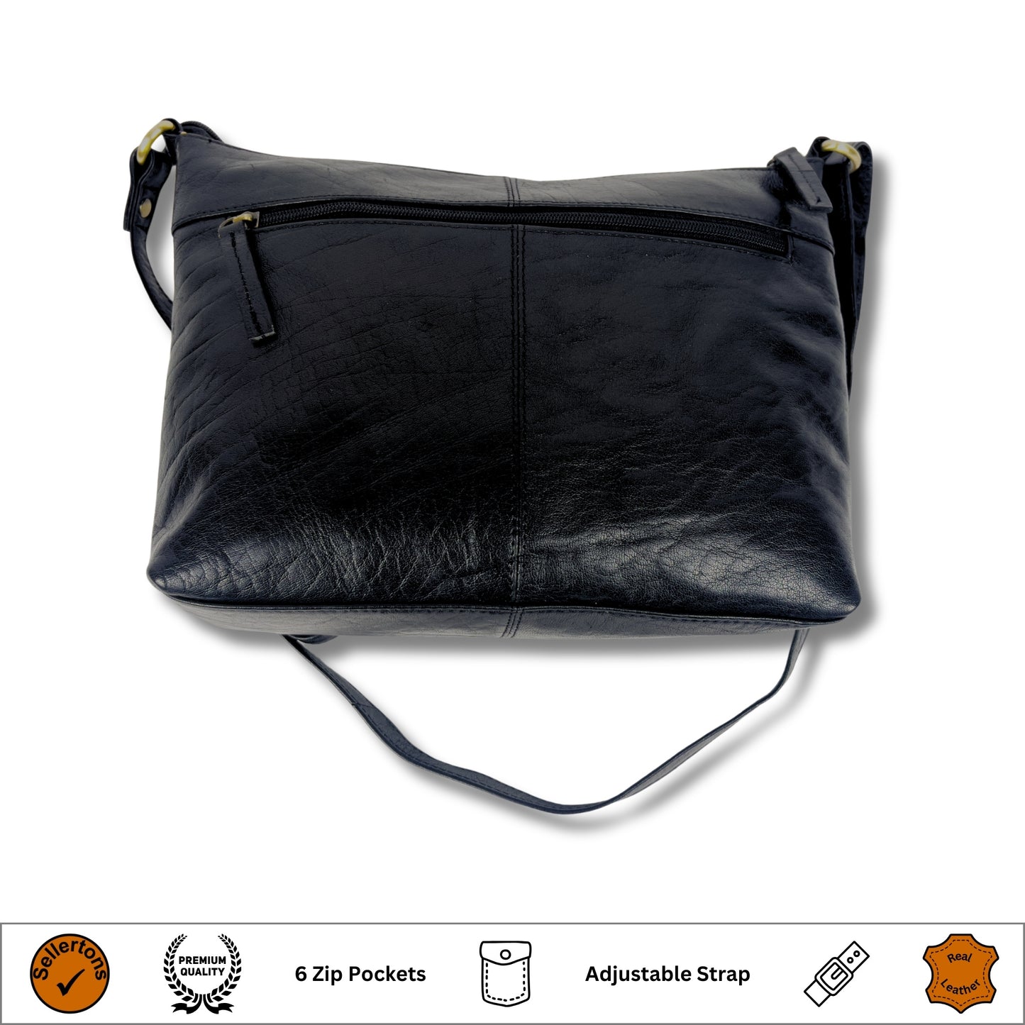 Back view of a ladies black leather crossbody bag