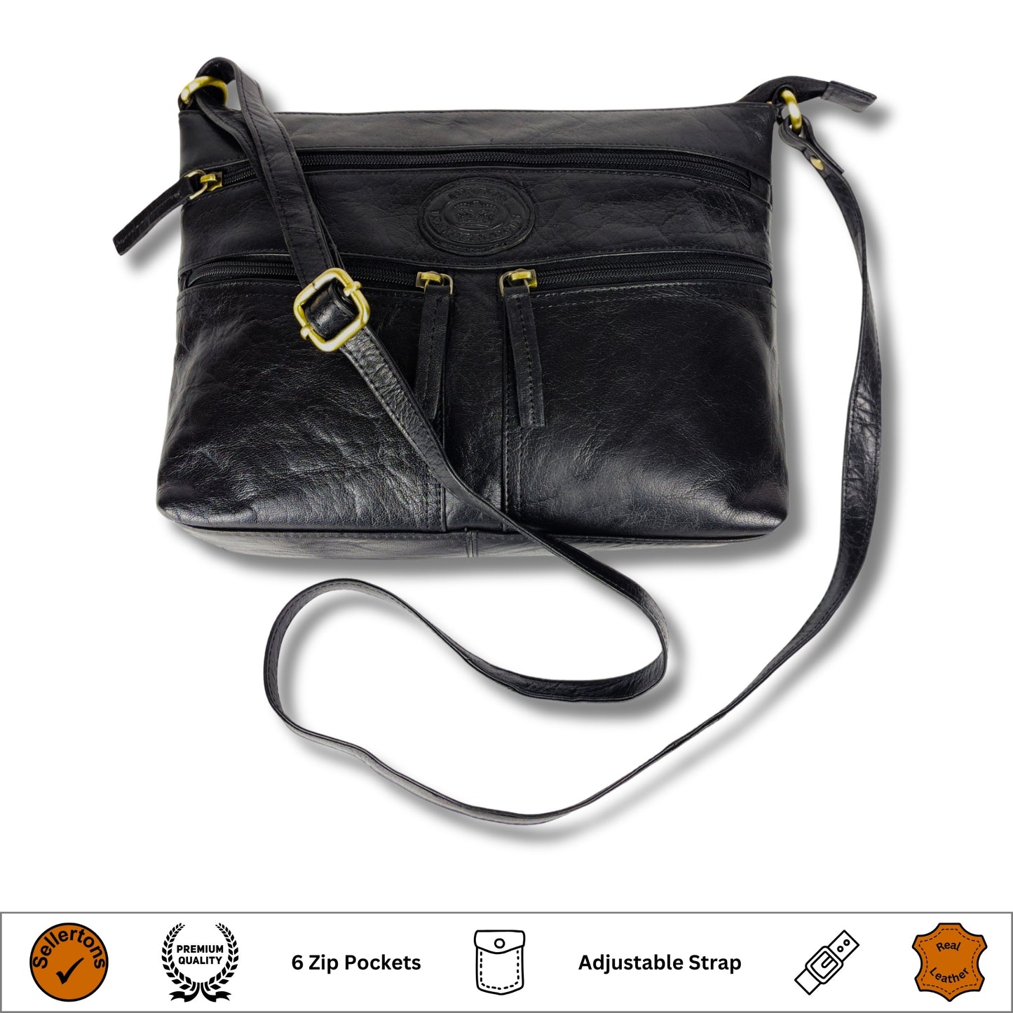 Front view of a black leather crossbody bag for women
