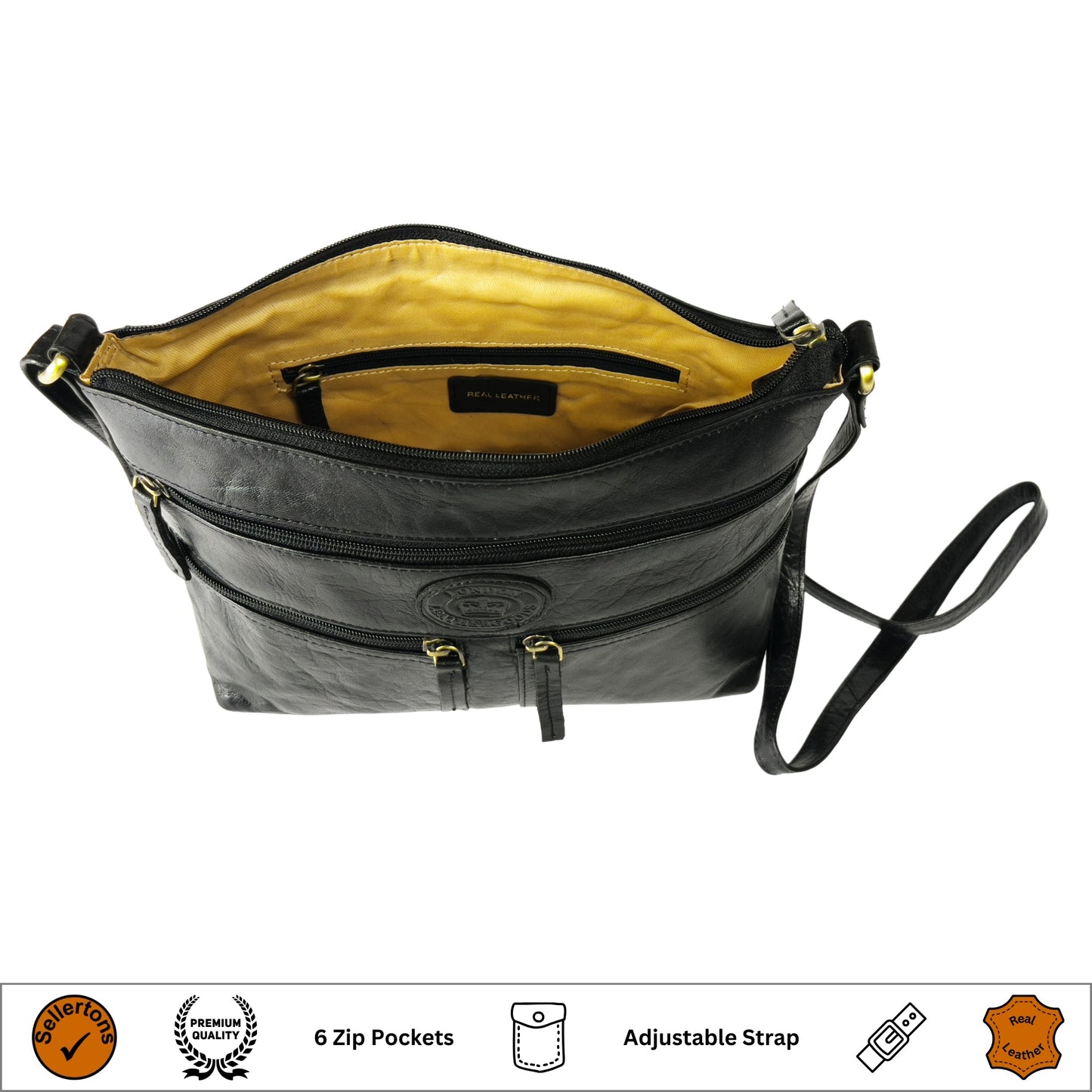 Interior view of a black leather crossbody bag with lining