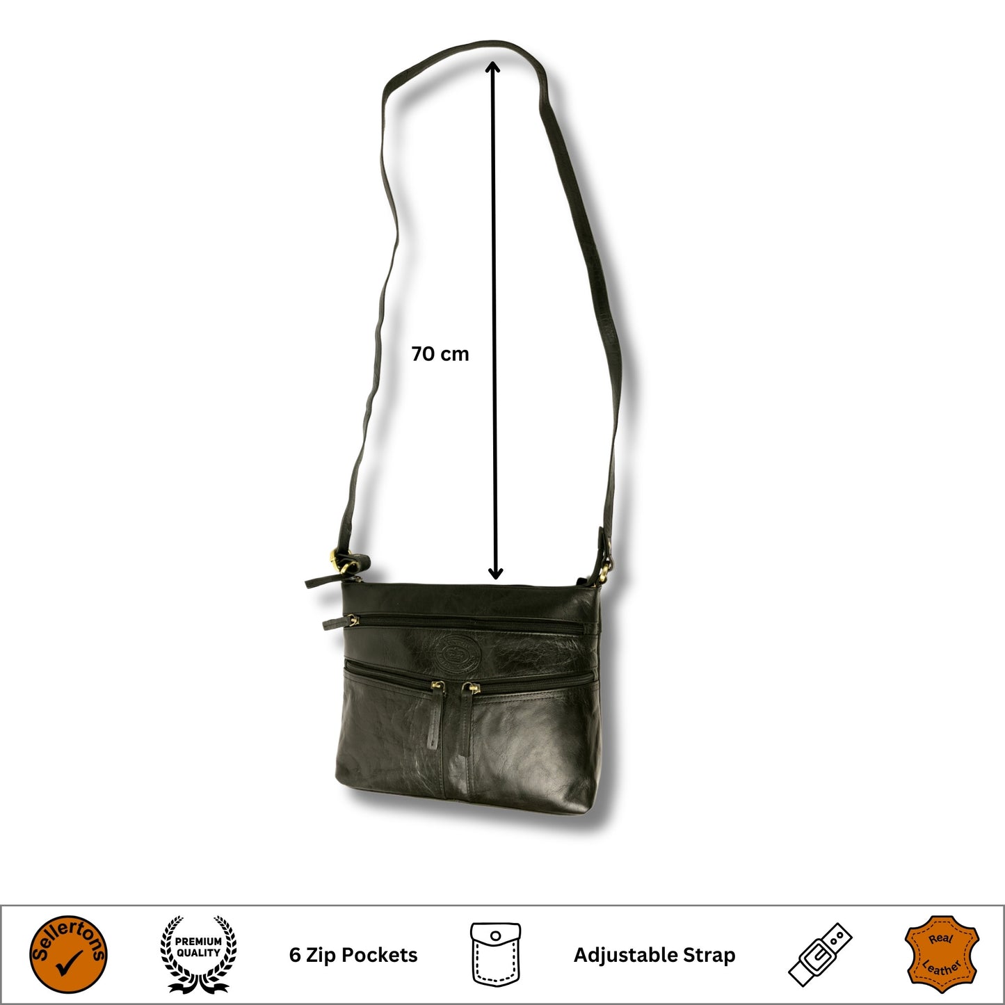 Black leather crossbody bag for women, showcasing a 70 cm adjustable strap and multiple zip compartments for practical and stylish everyday use.