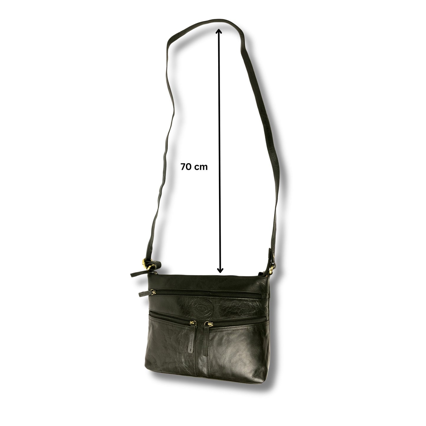 Black leather crossbody bag for women, showcasing a 70 cm adjustable strap and multiple zip compartments for practical and stylish everyday use.