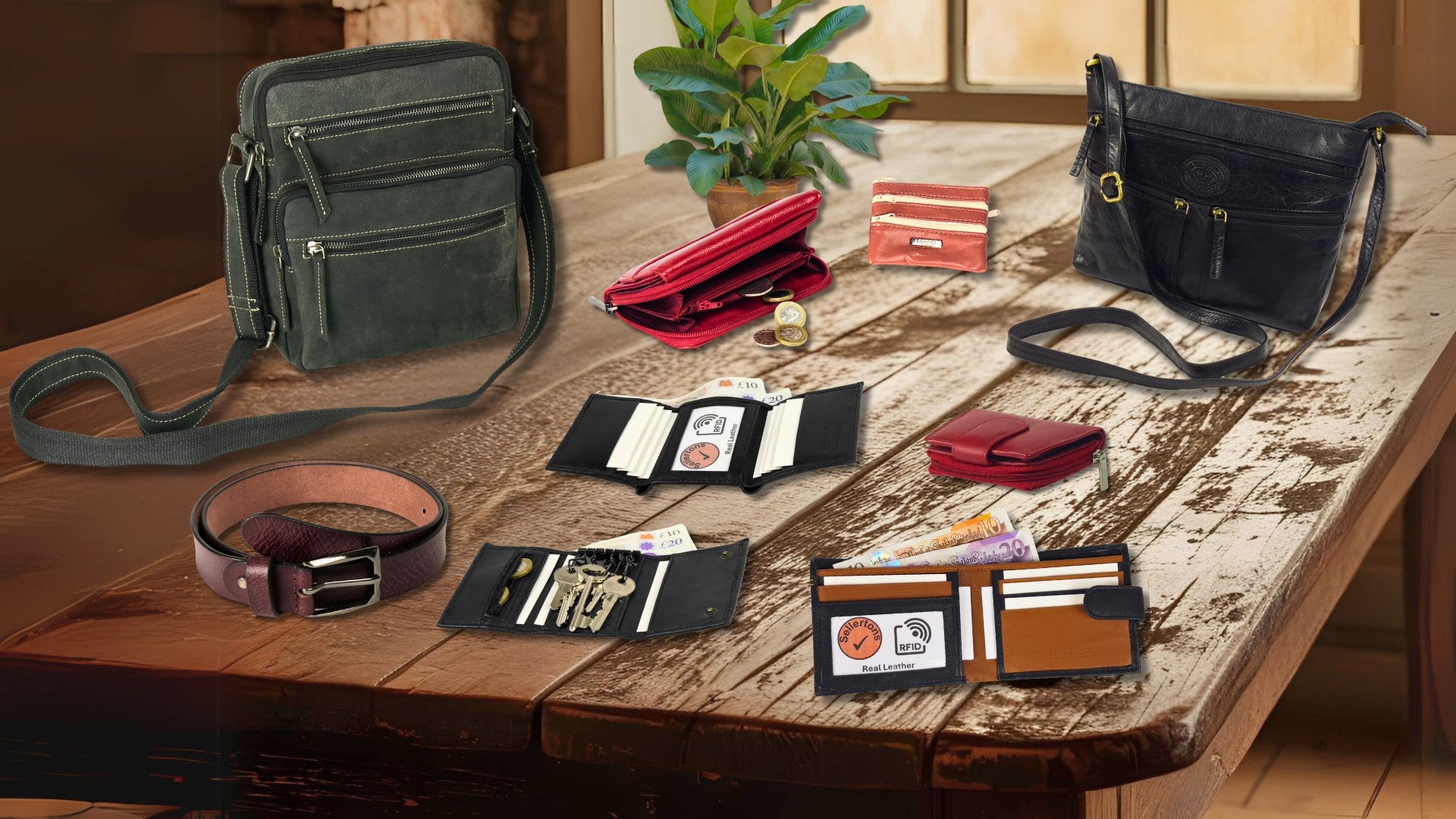 A stylish collection of leather wallets, bags, and accessories displayed on a rustic wooden table, showcasing premium craftsmanship and elegance.
