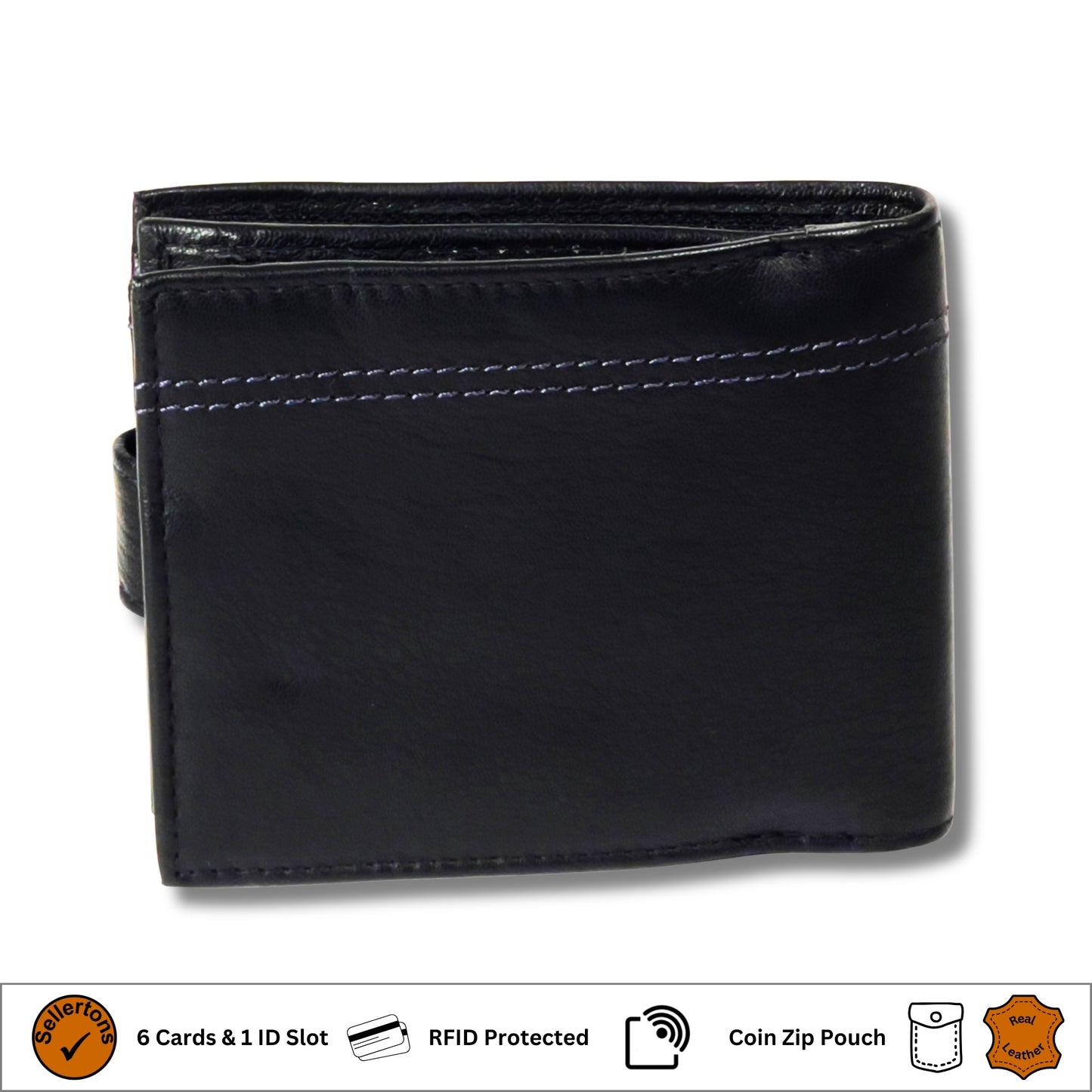 Back of black and navy men's leather wallet with RFID-blocking technology