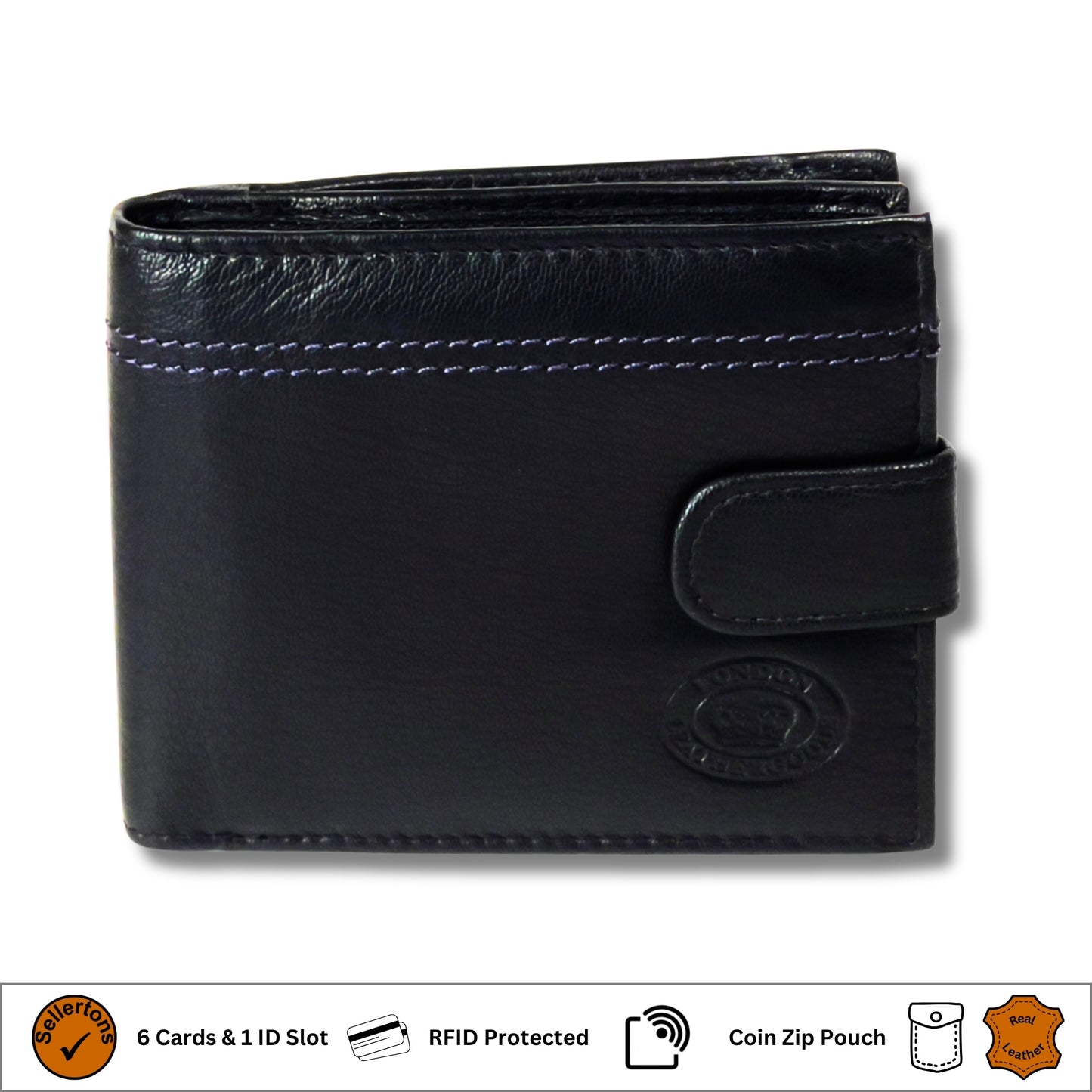 Front of black and navy leather wallet with contrast stitching and RFID-blocking technology