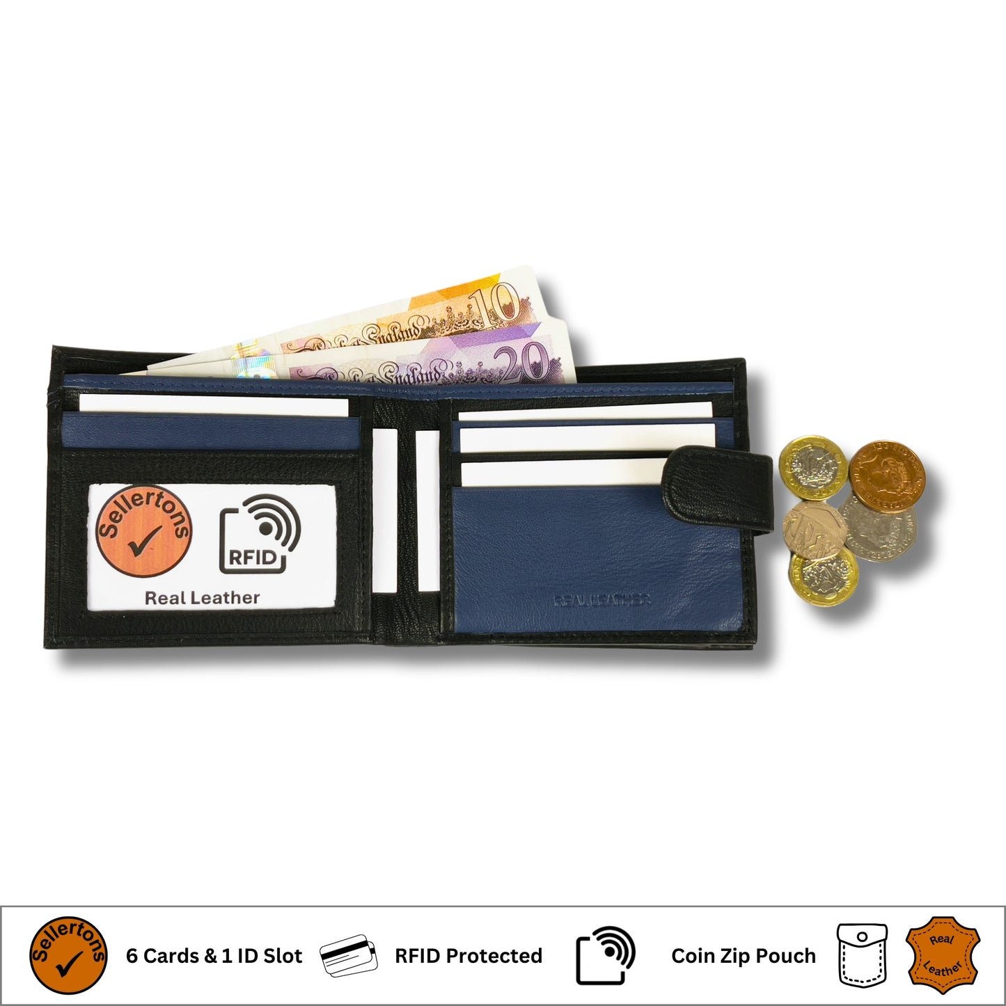 Interior of black and navy leather wallet showing card slots and RFID-blocking features