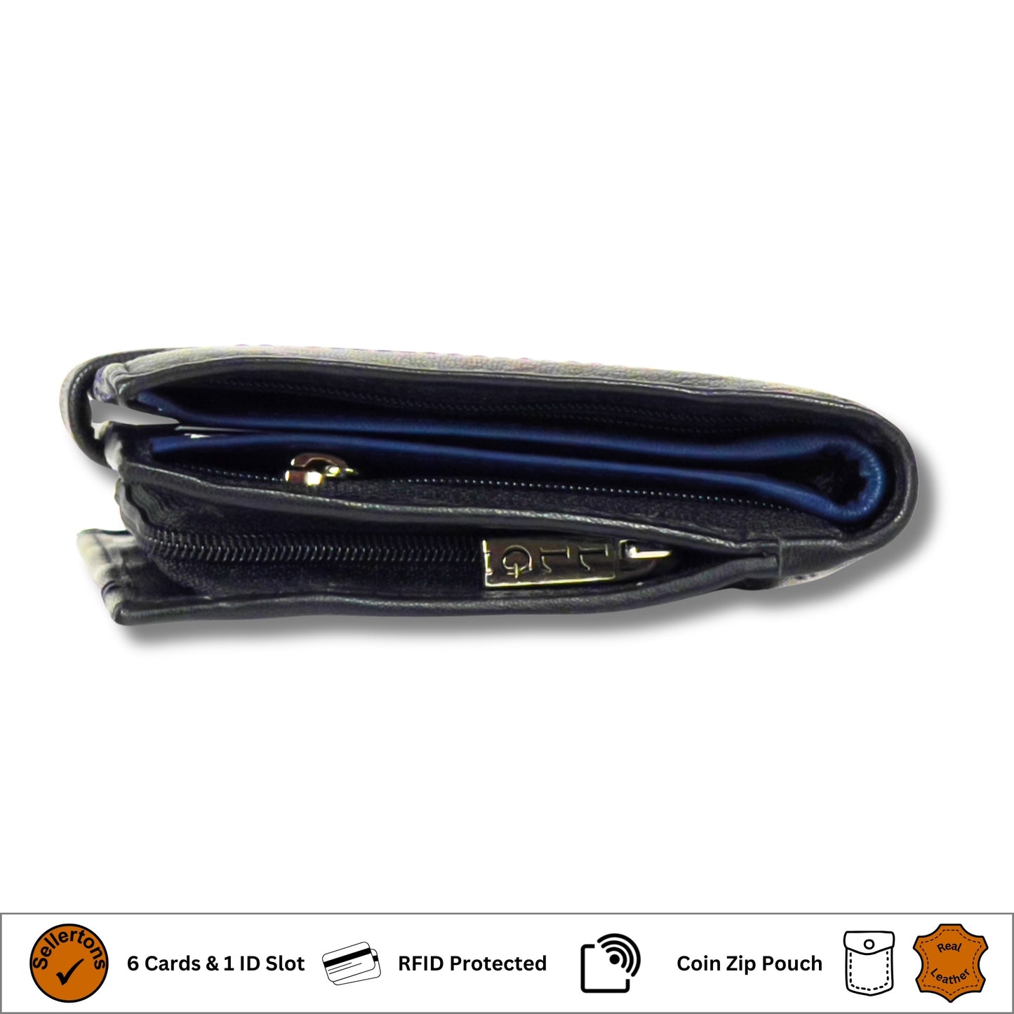 Side profile of a closed black and navy men's leather wallet with RFID-blocking technology