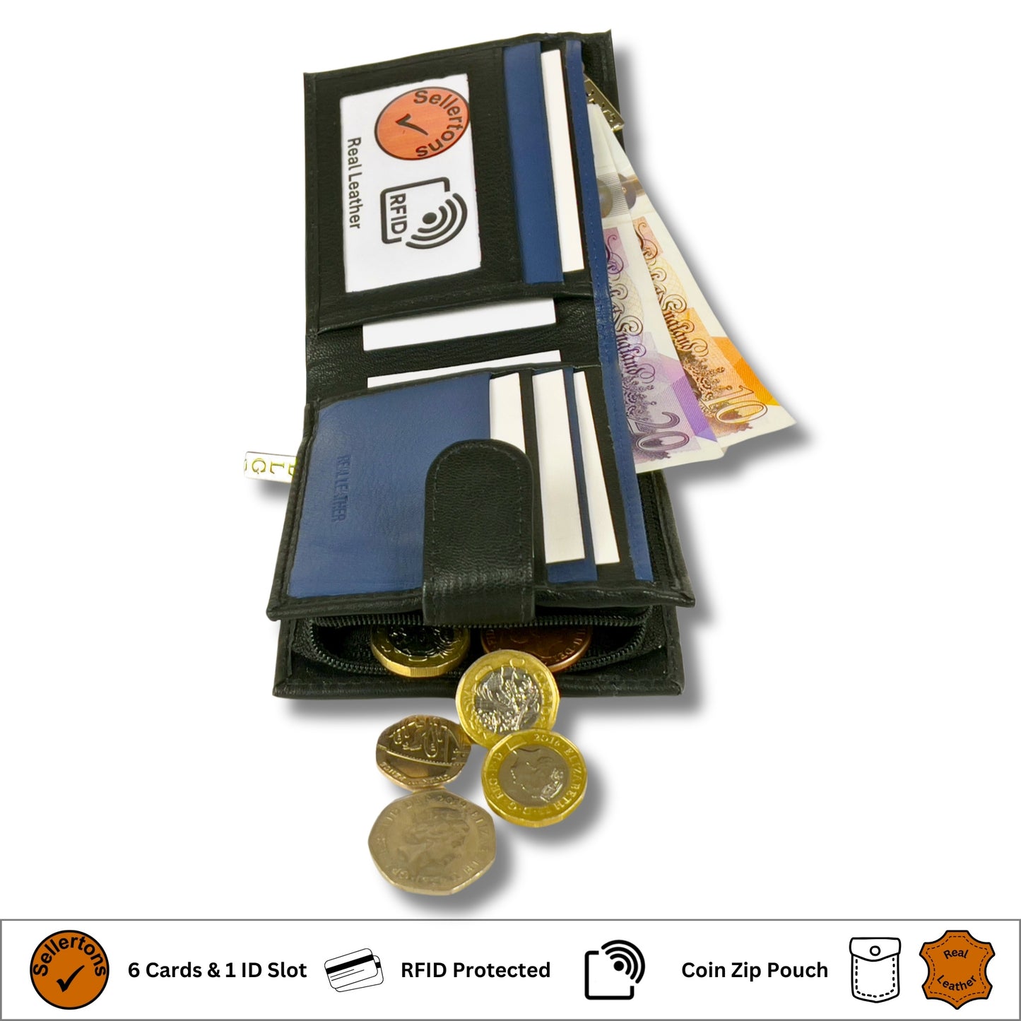 Side profile of an open black and navy leather wallet with card and cash compartments, featuring RFID-blocking