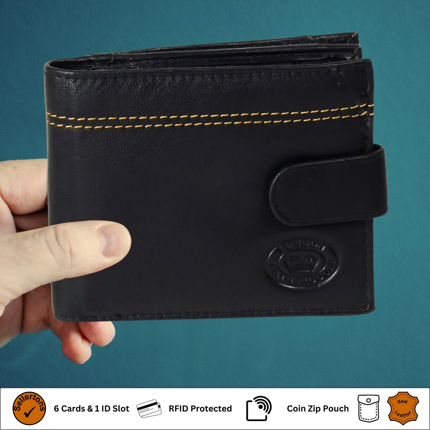 Front of closed black and tan leather wallet featuring sleek design and RFID-blocking