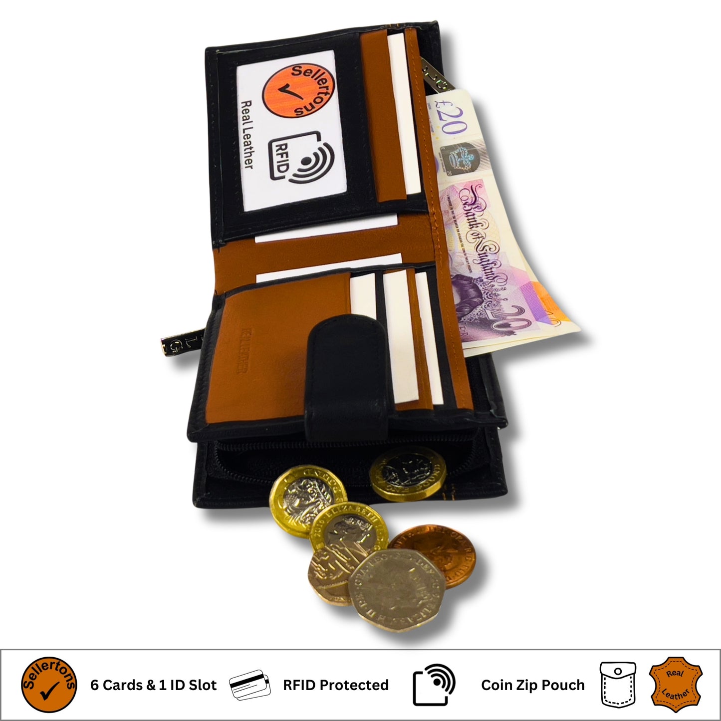 Interior of black and tan leather wallet with card slots and compartments, featuring RFID-blocking