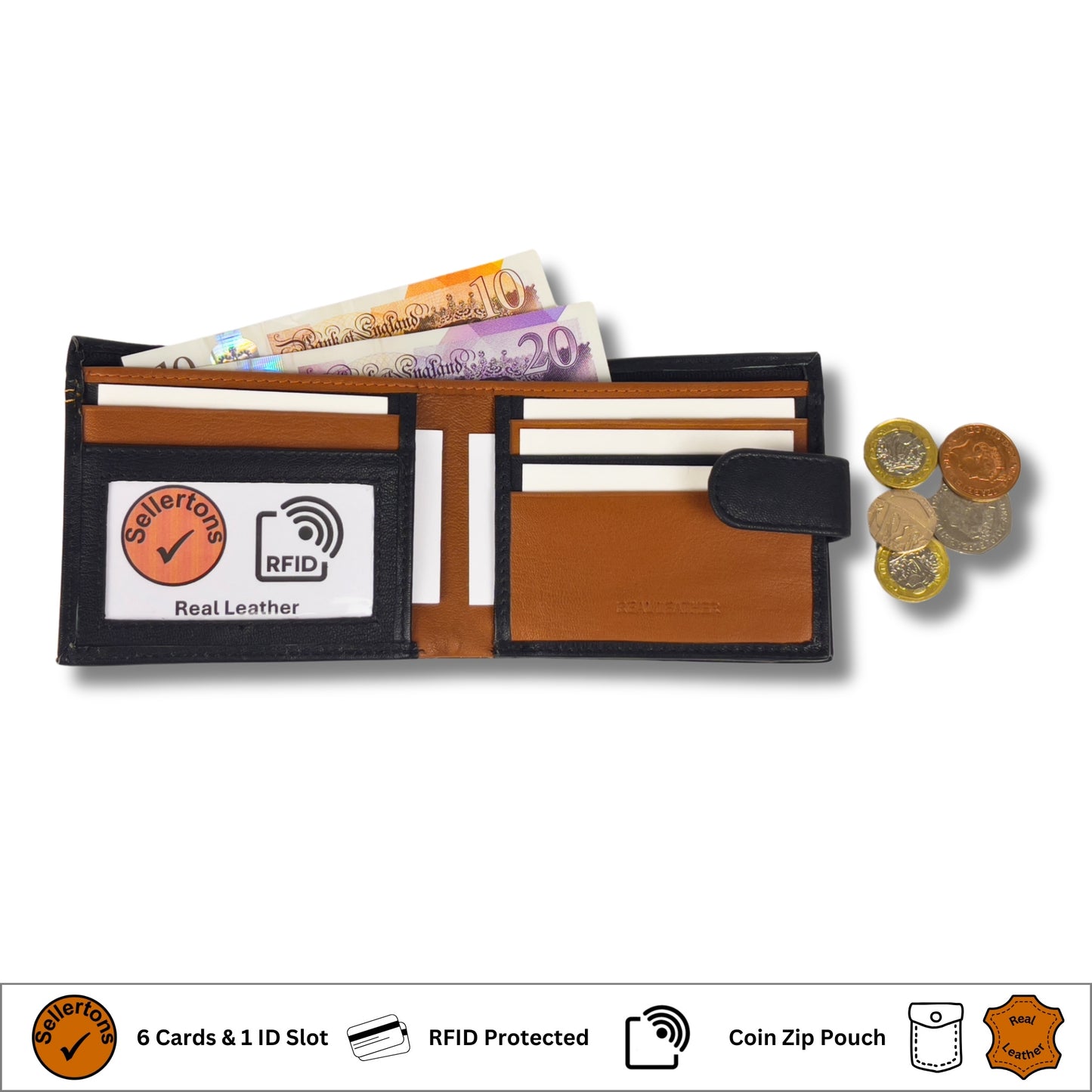 Open black and tan leather wallet showing card, cash, and coin storage with RFID protection