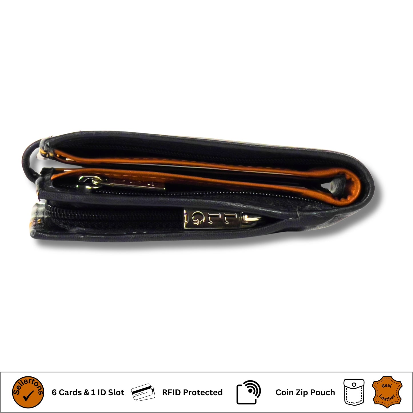 Side profile of closed black and tan leather wallet crafted from durable leather featuring RFID protection