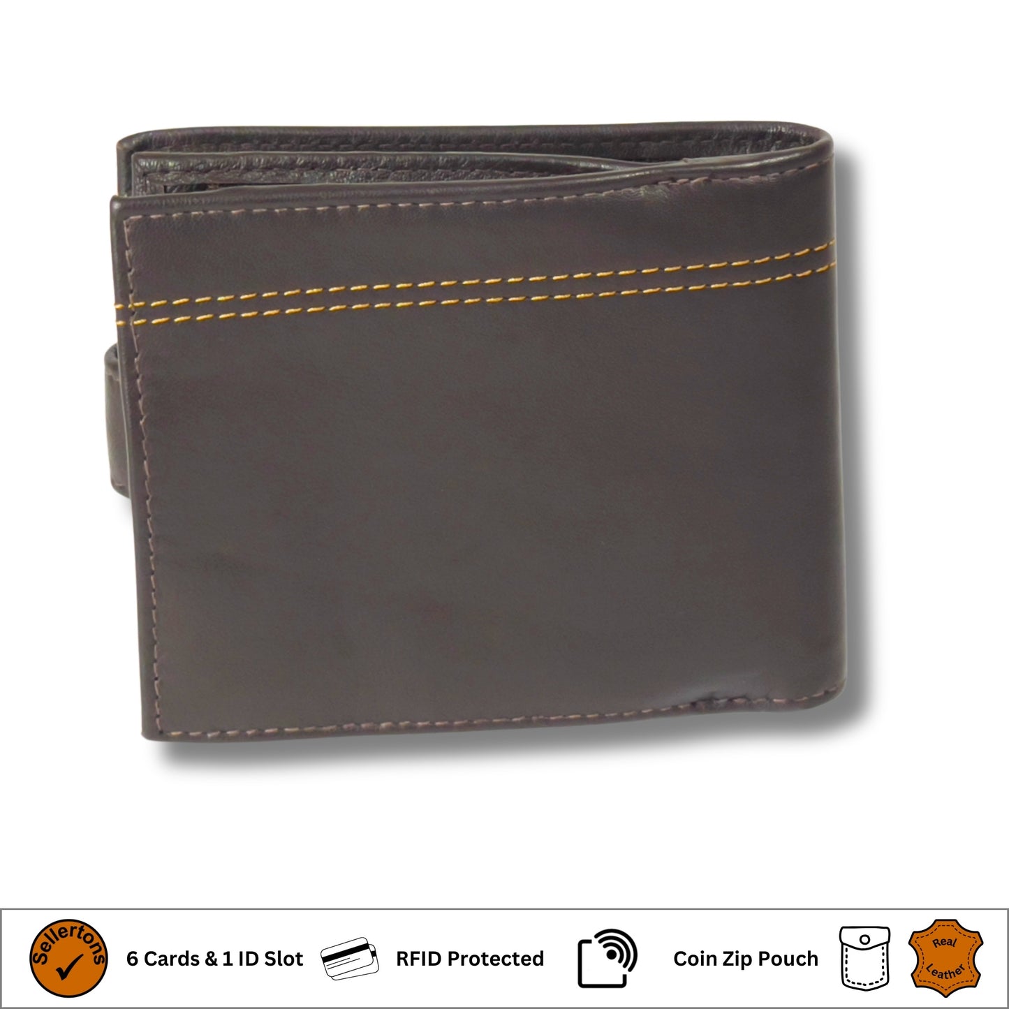 Back of brown leather wallet with durable stitching and RFID-blocking technology