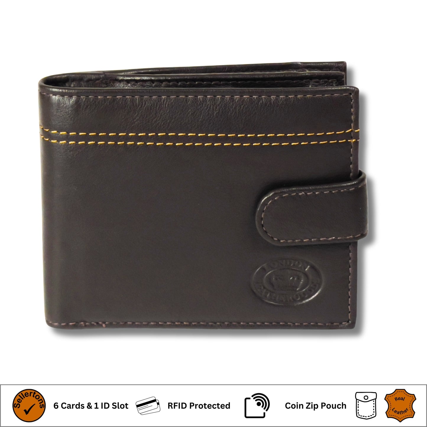 Closed front of men's brown leather wallet with RFID protection and sleek design