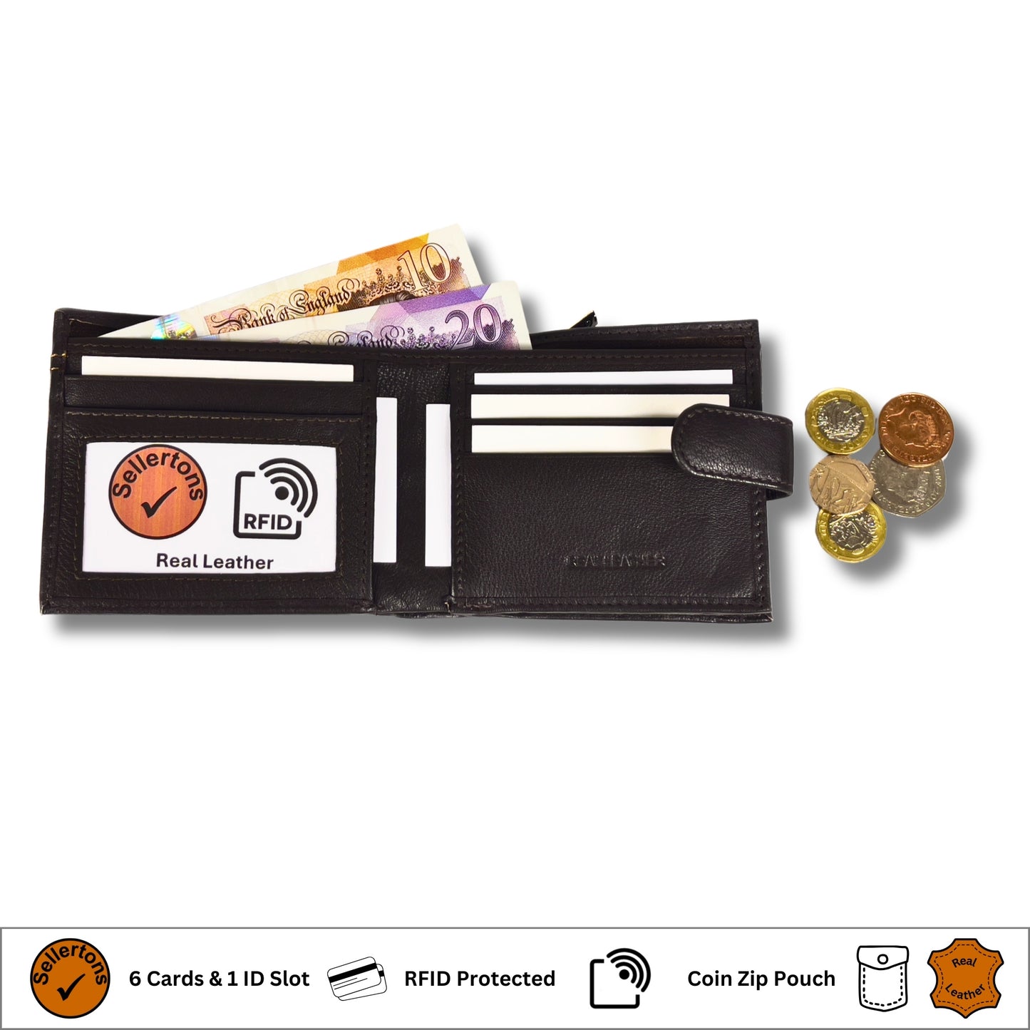 Open brown leather wallet showing spacious compartments for cards, cash and coins
