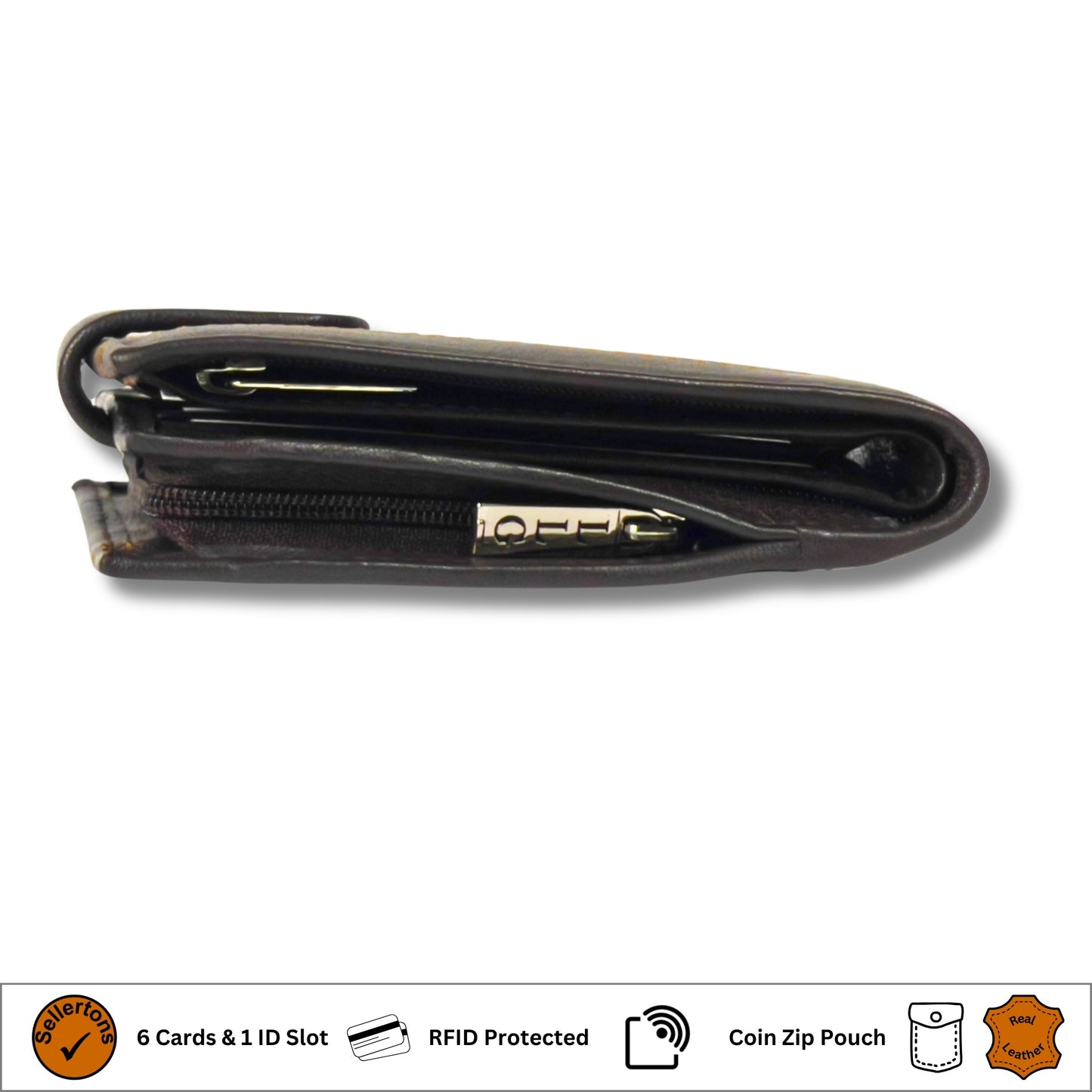 Side profile of closed brown leather wallet made from real leather with RFID protection