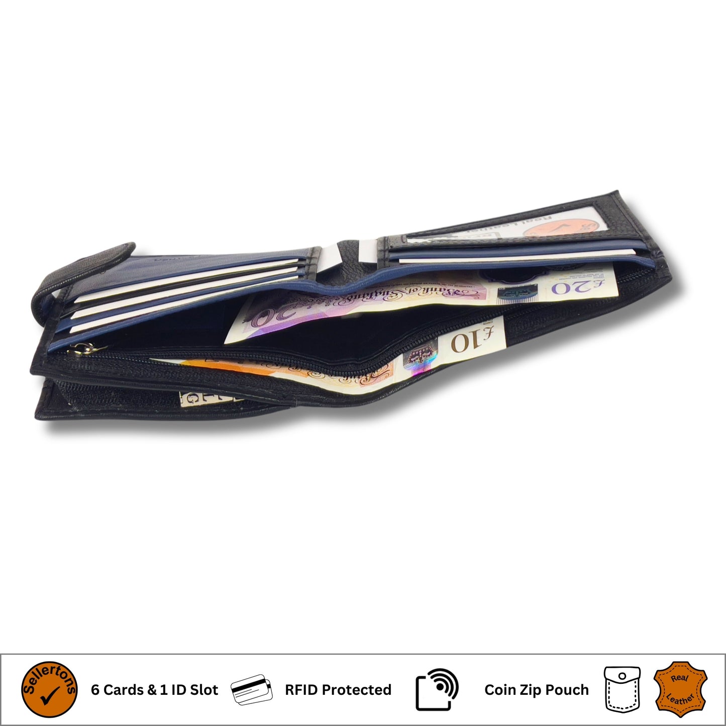 Open black and navy leather wallet showcasing cash and card storage compartments with RFID-blocking