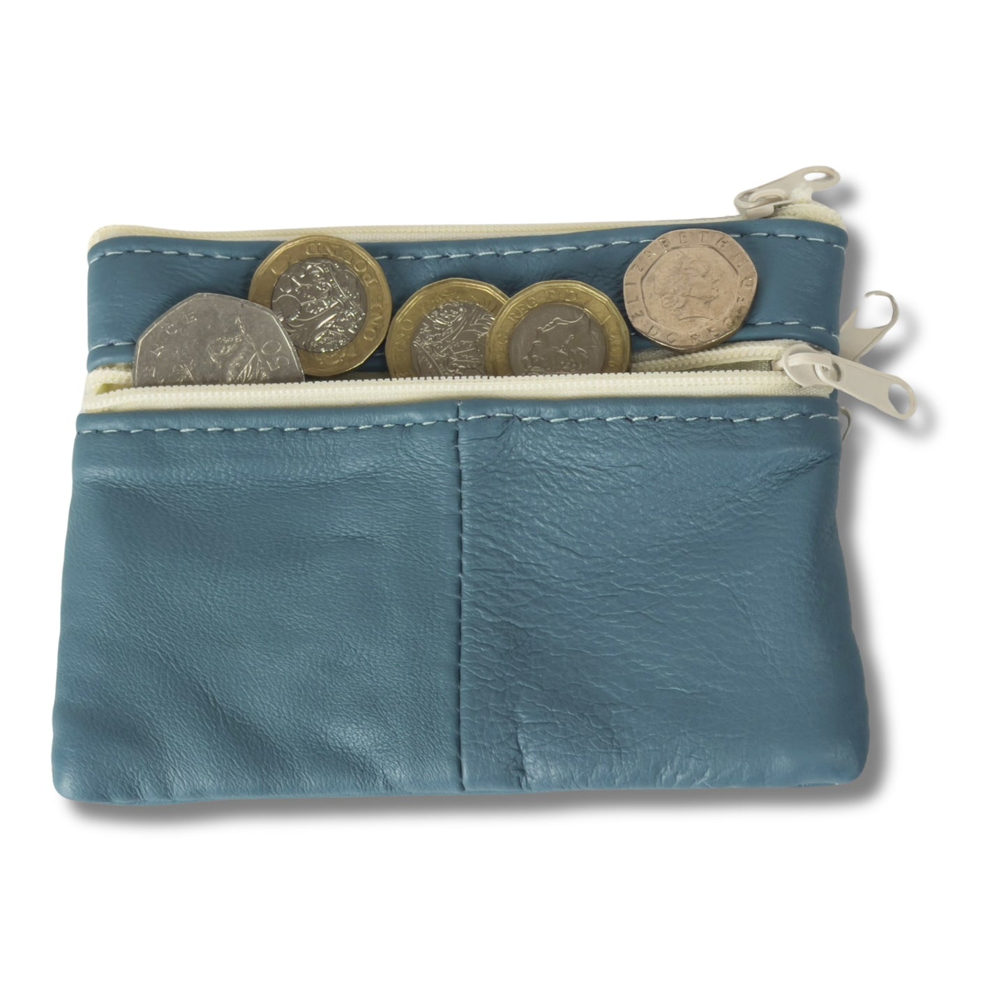 Back view of a light blue real leather coin purse with a zippered pocket and visible coins