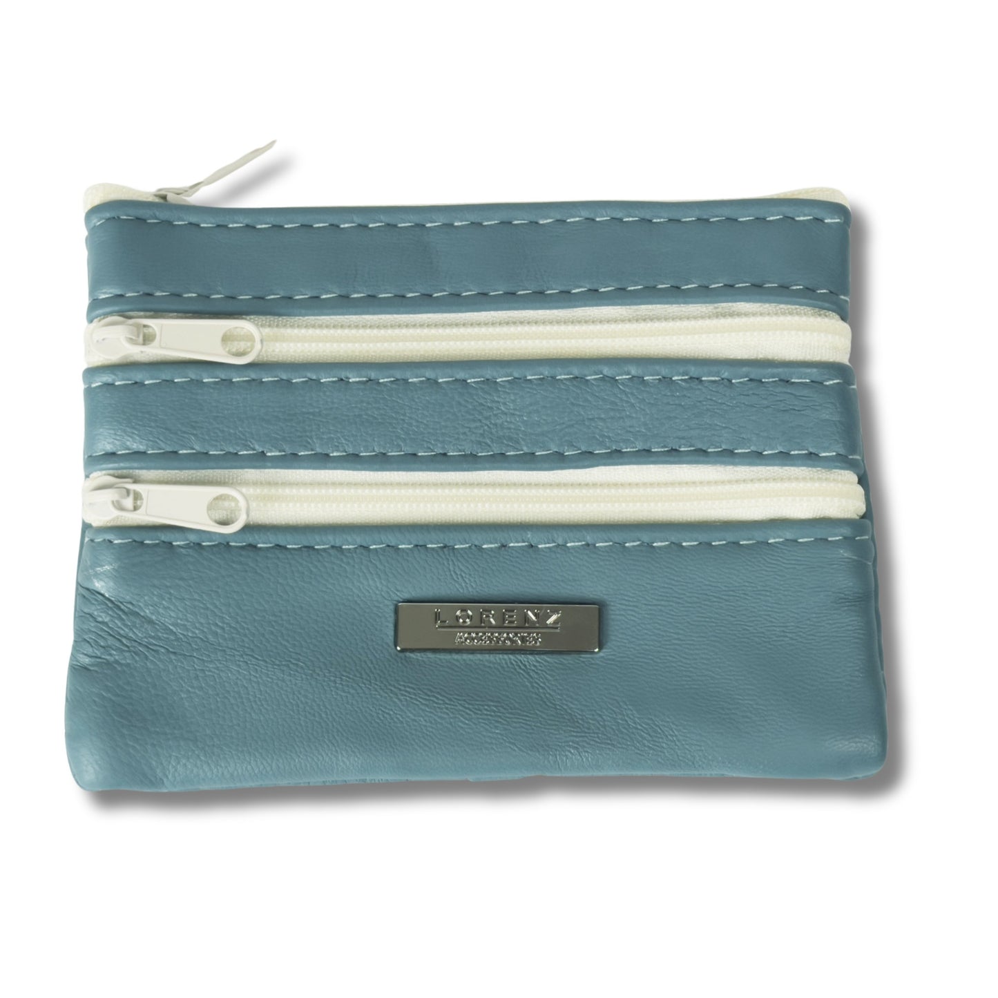 Front view of a light blue leather coin purse with multiple zippered compartments
