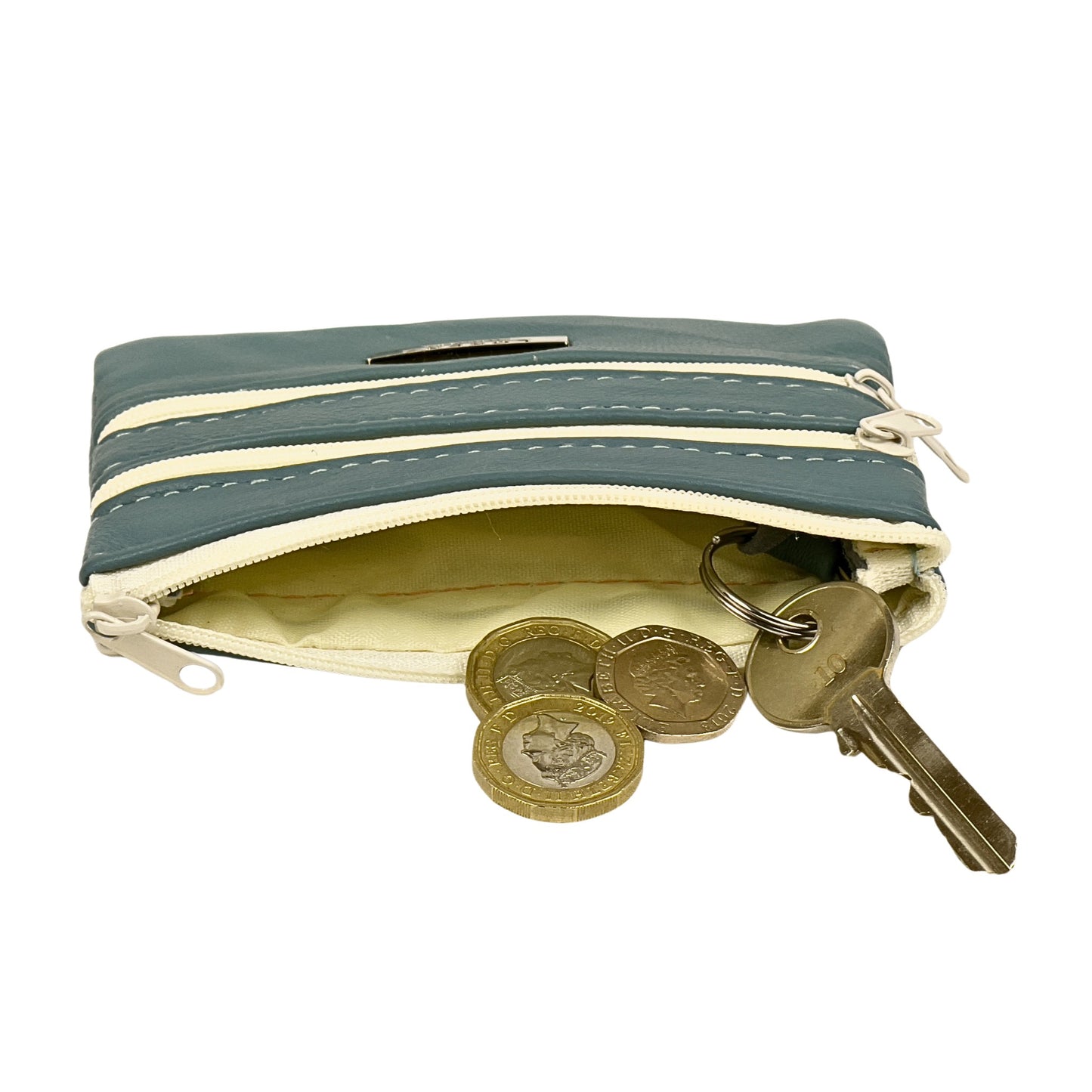 Interior view of a light blue leather coin purse with coins and a keyring inside