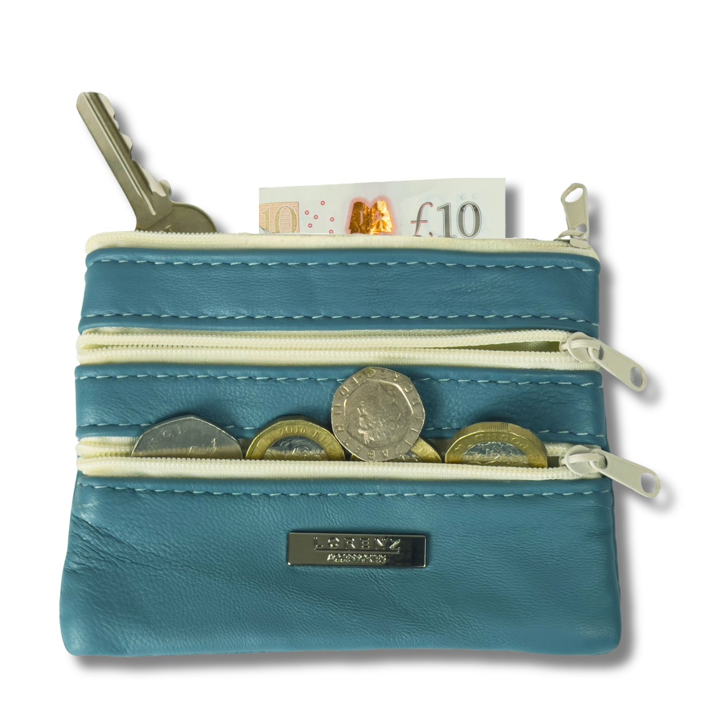 Open view of a light blue leather coin purse with coins, a keyring, and zippered compartments