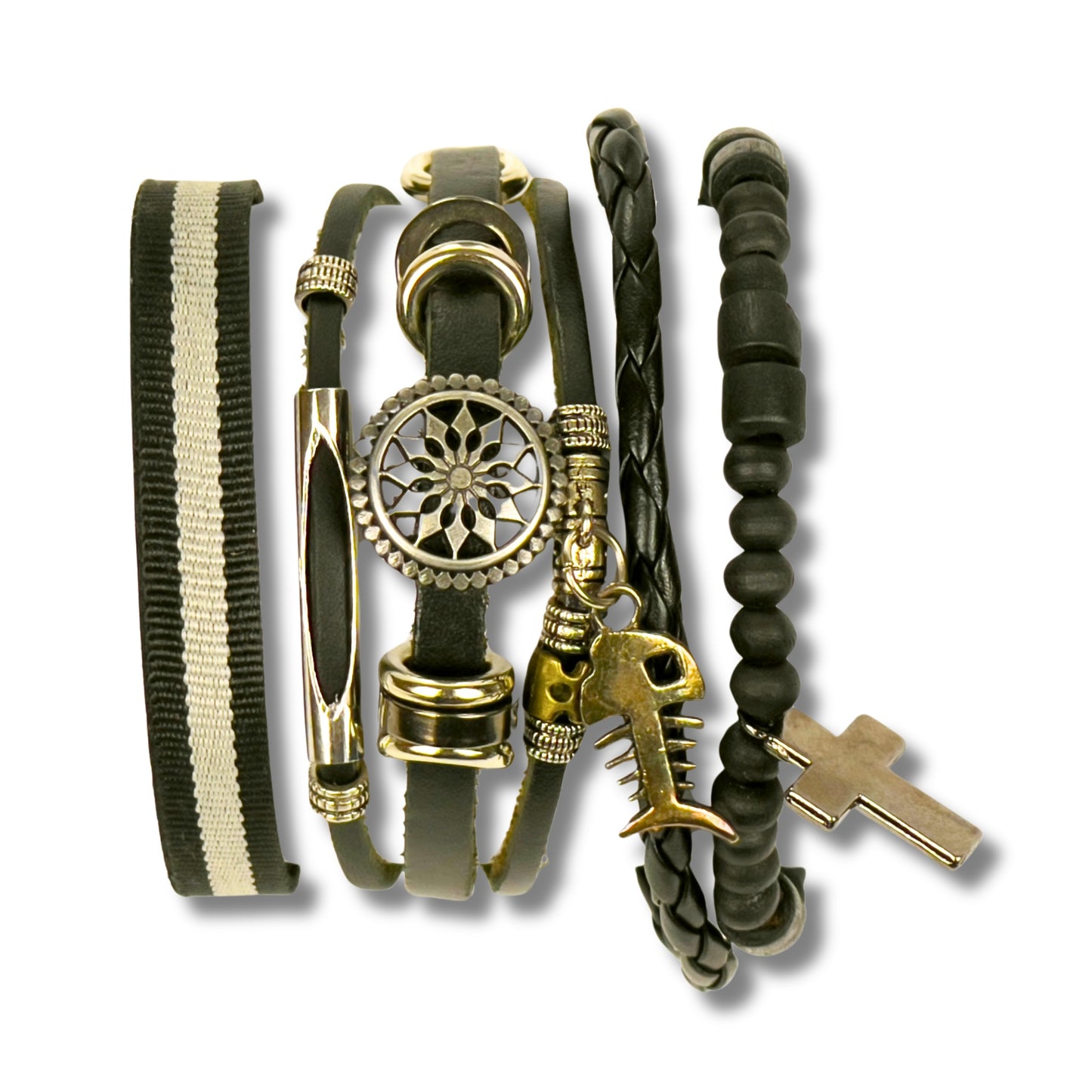 Close-up view of the multilayer leather bracelet set with a dream catcher charm and black beads