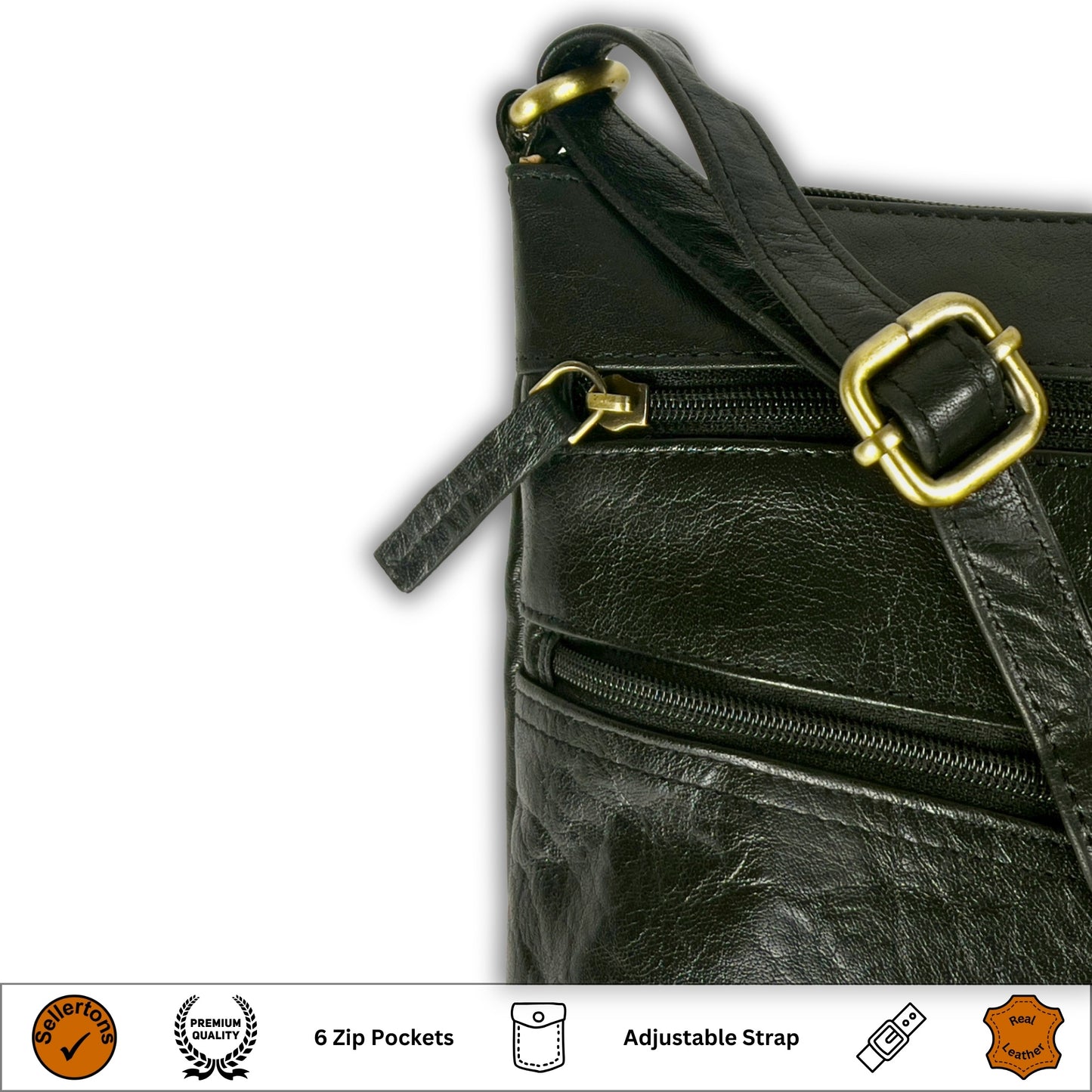 Close-up of the strap detail on a black leather crossbody bag