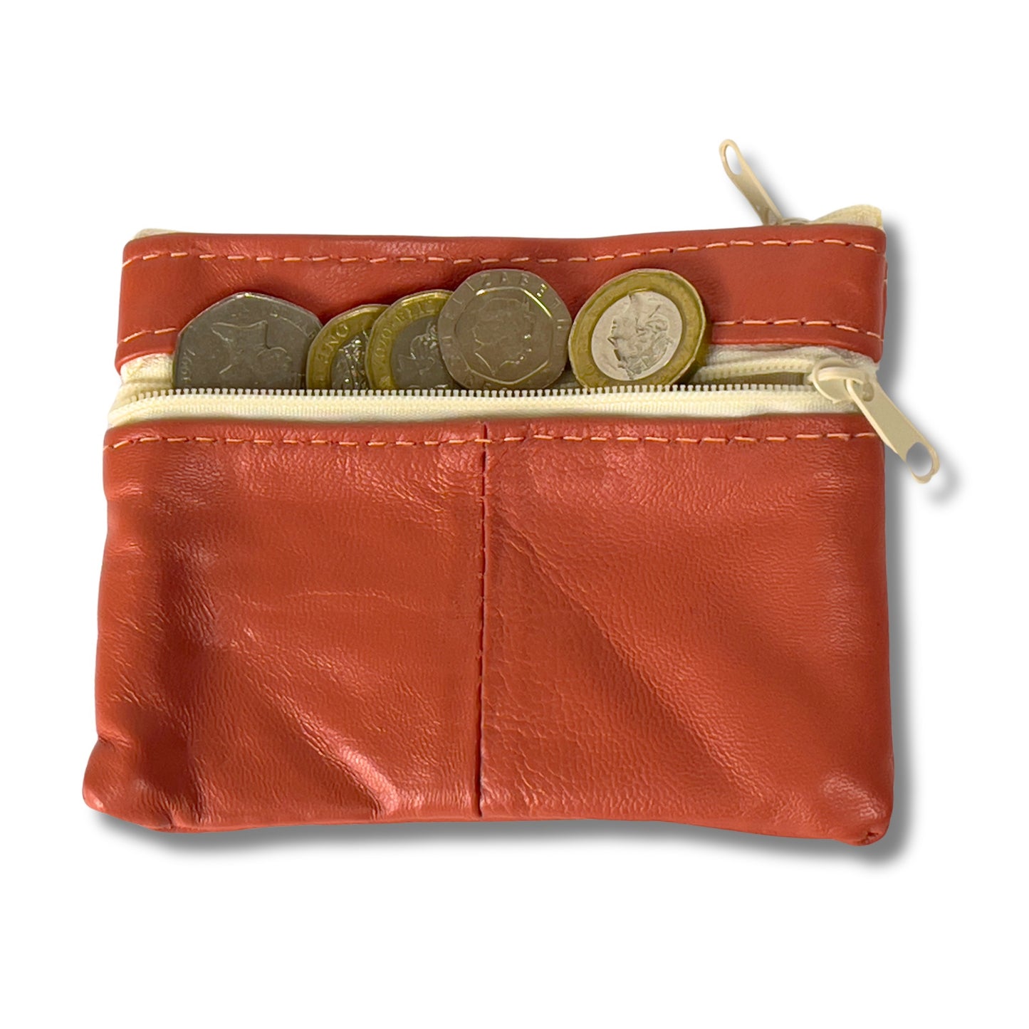Back view of a red real leather coin purse with a zippered pocket and coins inside