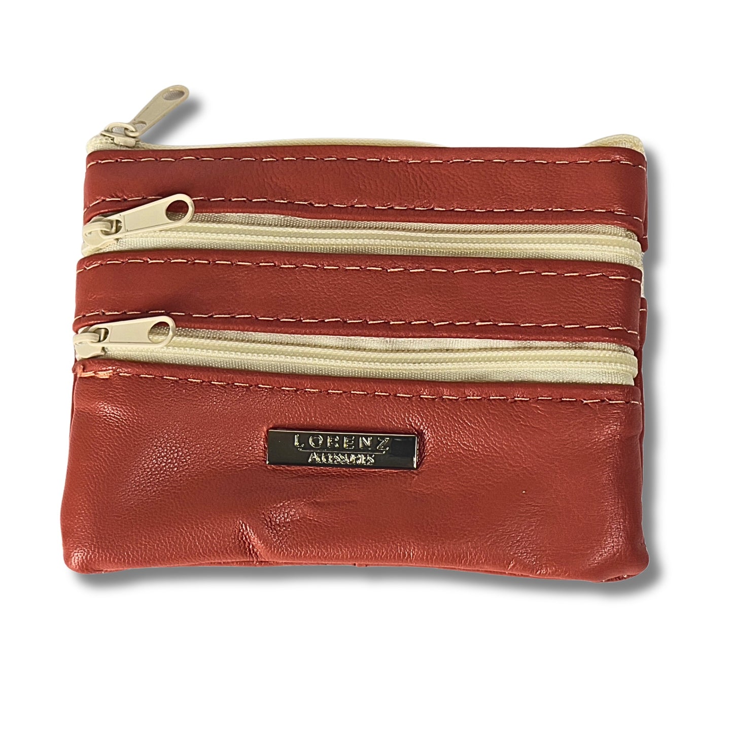 Front view of a red leather coin purse featuring multiple zippered compartments