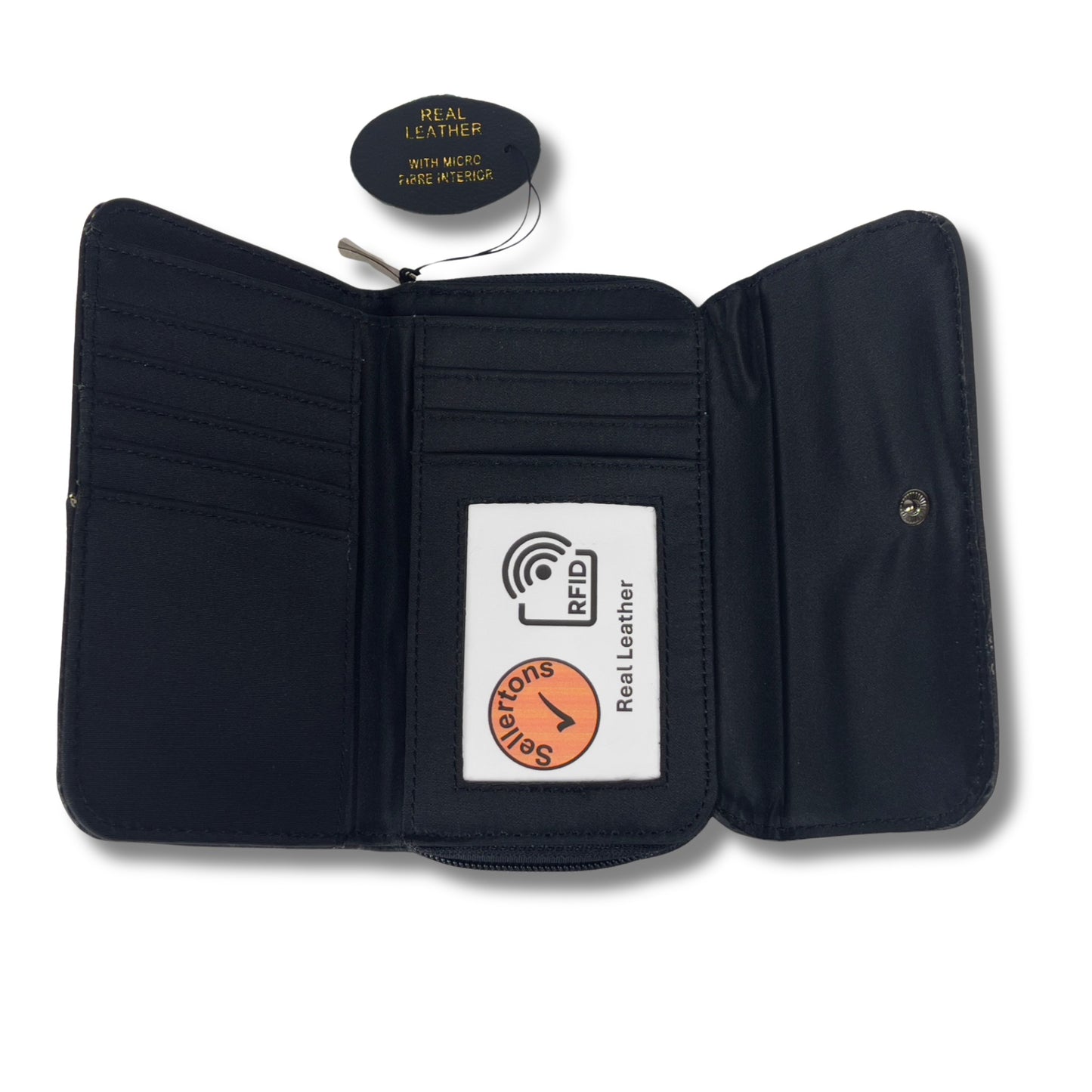 Open view of a black RFID leather wallet with multiple card slots and an ID window, highlighting its interior design