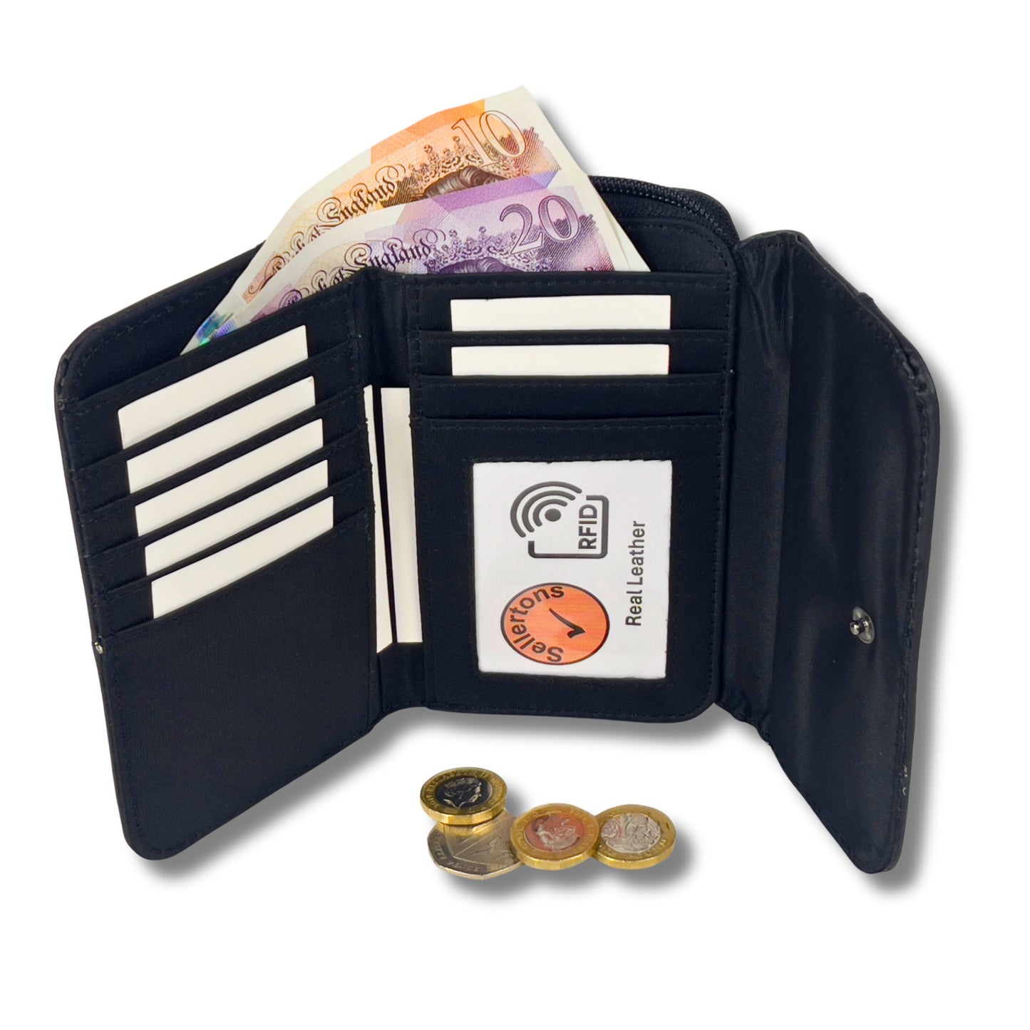 Black RFID leather wallet open with cash and coins visible, showing card slots and coin pocket functionality