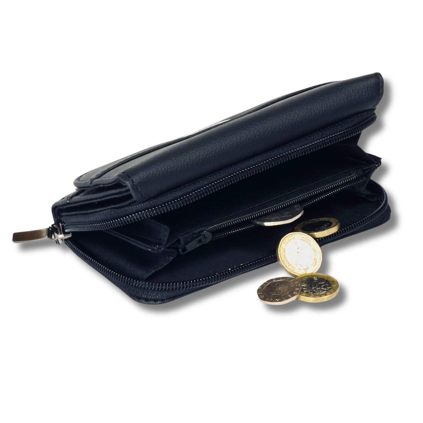 Close-up of a black leather wallet's coin pocket with coins partially visible