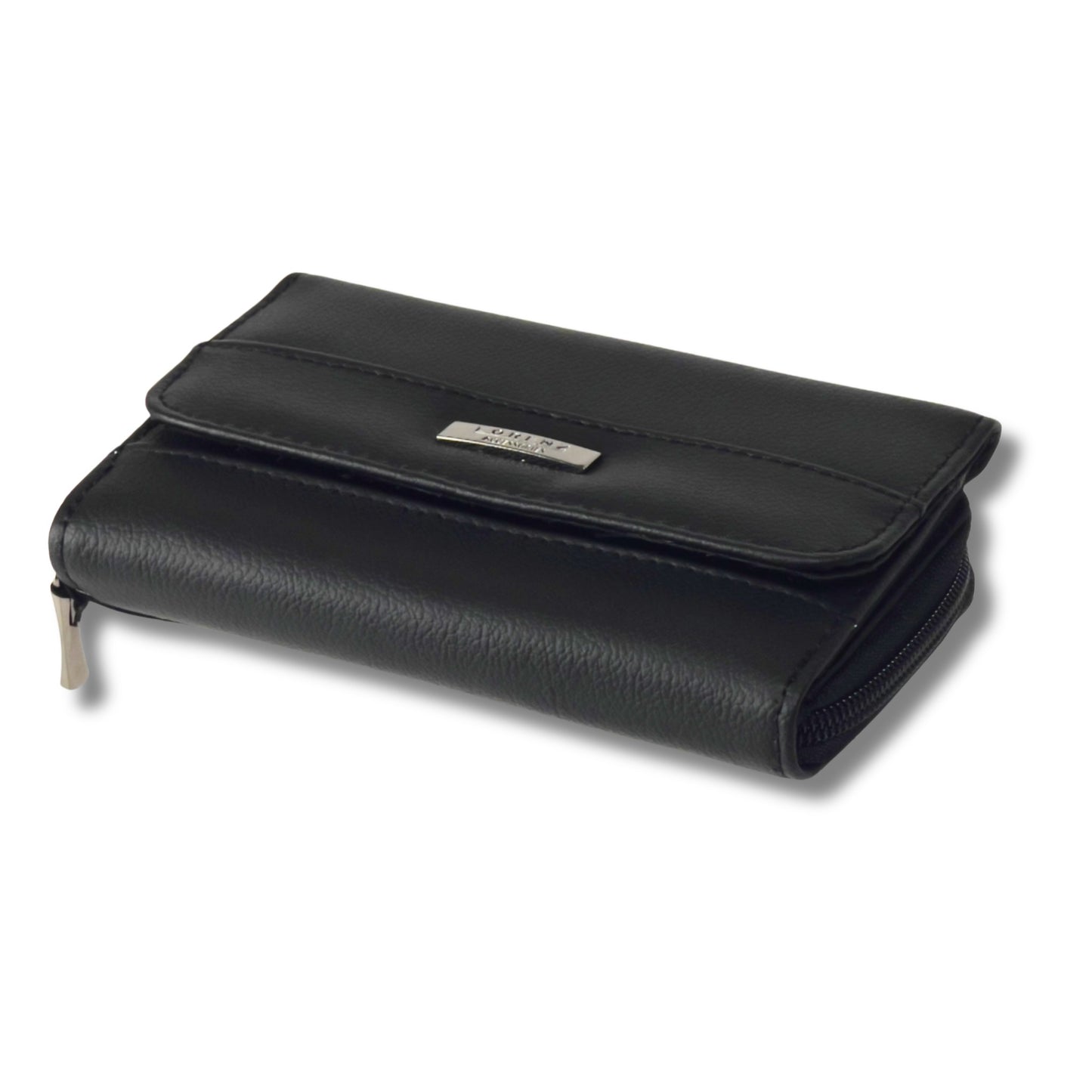 Angled view of a black RFID leather trifold wallet, showcasing its zip closure and premium finish